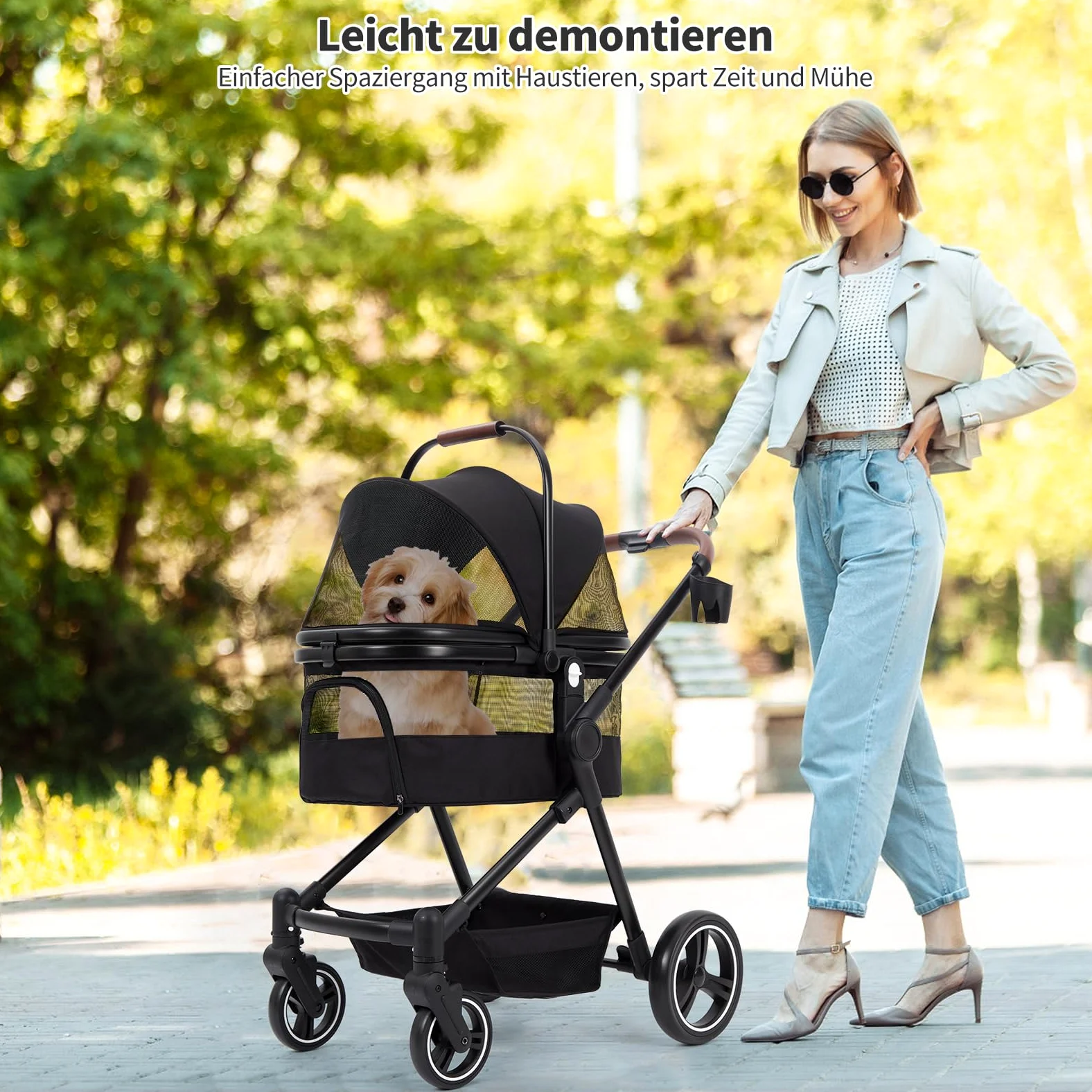 Składany wózek dla psów 3 w 1 dla małych psów i kotów o wadze do 15 kg – wózek dla zwierząt domowych z linkami zabezpieczającymi, amortyzacja uderzeń, hamulec jednopedałowy, okna z siatki i miejsce do