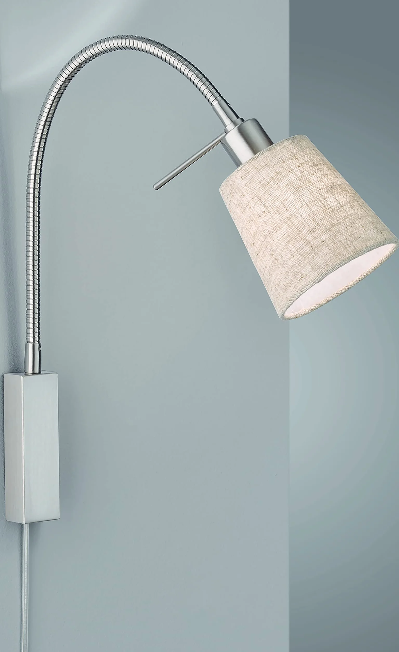 Fischer & Honsel | Lampa punktowa ścienna flex, lampa na łóżko, chmura | matowy nikiel | abażur z tkaniny | kolor piaskowy len/biały | szer.: 11,00 cm, wys.: 40,00 cm, | wysięg: 35,00 cm |