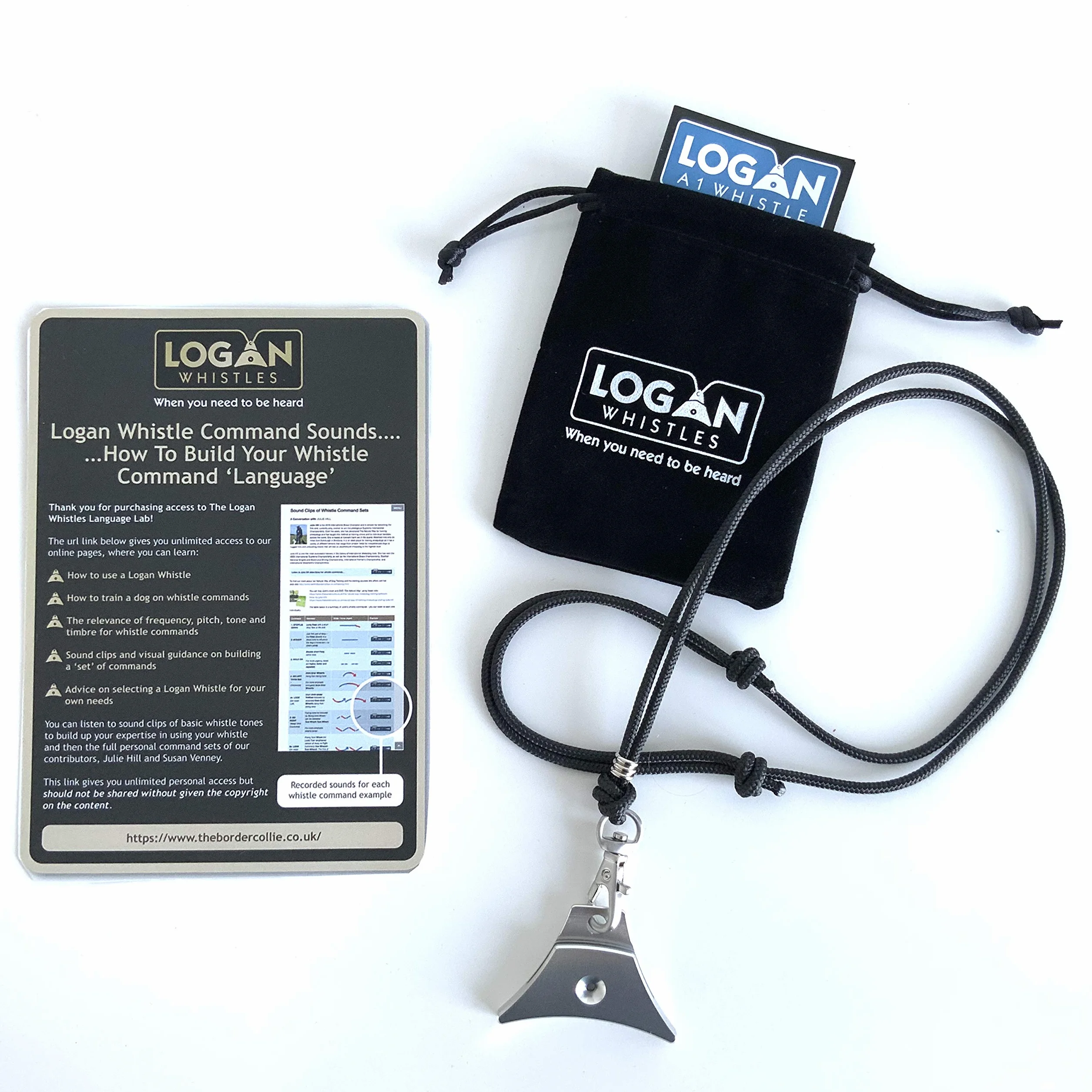 Logan zestaw startowy dla psa owcy gwizdek, gwizdek A1, smycz i przewodnik po dźwiękach - srebrne anodowane aluminium.