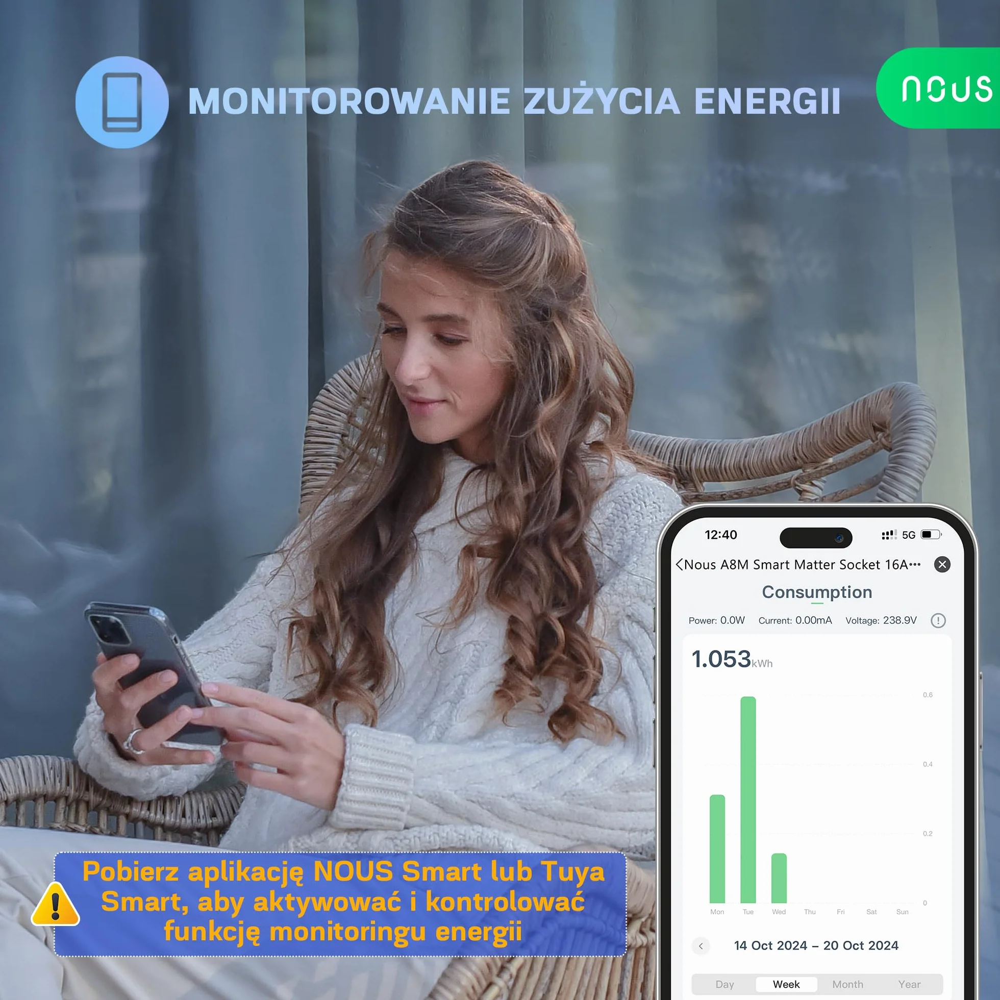 NOUS Matter Inteligentne Gniazdko z Pomiarem Zużycia Energii, Gniazdko WiFi, 16 A 3840 W, Kompatybilne z Alexa, Google Home, Tuya, Apple Home, Smart Things, WiFi 2,4 GHz, Pack of 4