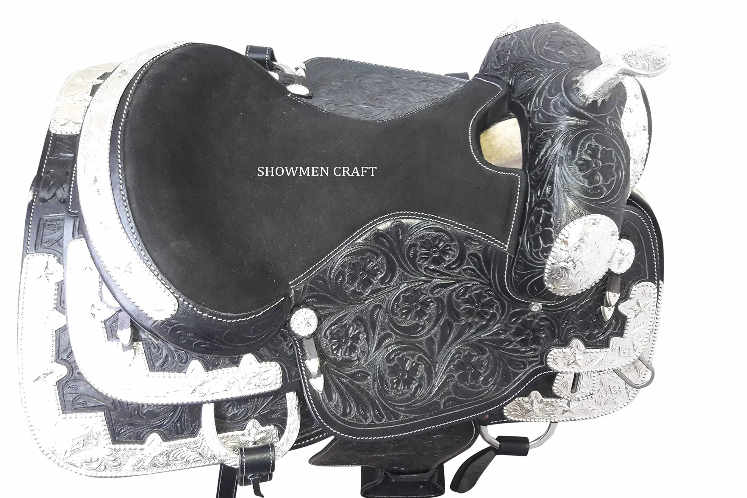 Western Saddle dekoracyjny srebrny strój wystawowy z nakryciem głowy i rozmówcą piersi 40 cm