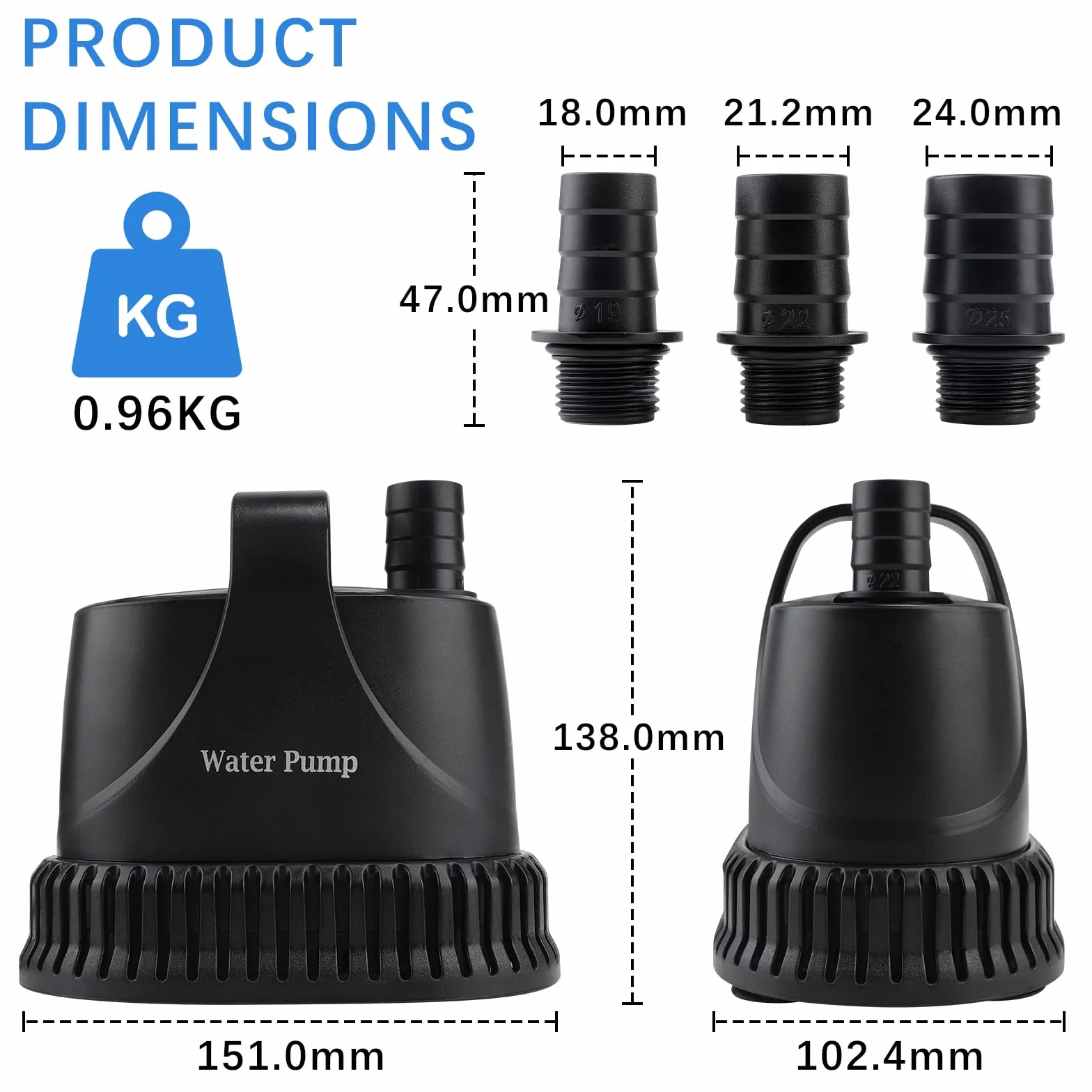 EXLECO Zatapialna pompa do brudnej wody, 1200 l/h, 20 W, 220 V, mała pompa wodna, fontanna, ciśnienie wody do basenu, stawu, ogrodu, kabel 2 m, 1 wąż 2 dysze