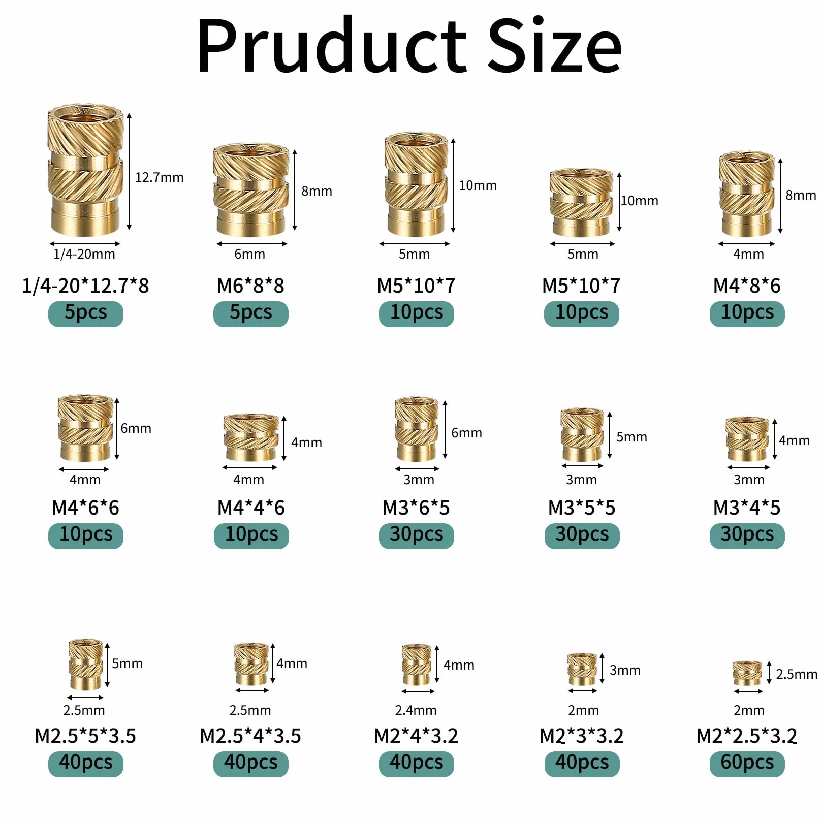 Wkładka gwintowana, Nakrętka wciskana, 370 szt. M2 M2,5 M3 M4 M5 M6 & 1/4-20 Nakrętki radełkowane, Mosiężne nakrętki do drukarki 3D, Tuleje gwintowane do części plastikowych druku 3D
