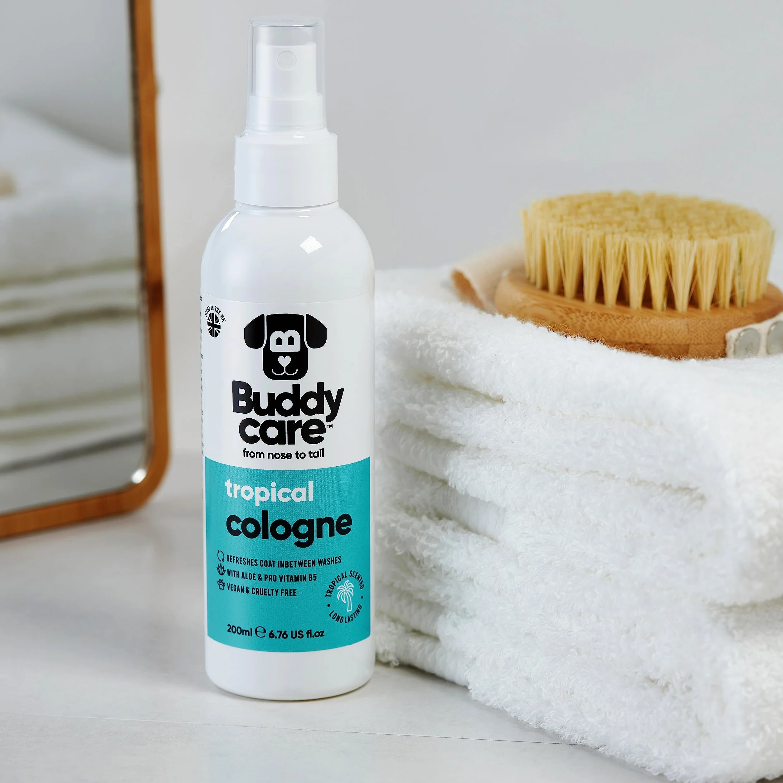 Buddycare Pies Coloński – Tropical – odświeżające i pachnące tropikalne perfumy dla psów – odświeżone pomiędzy myciem psa (200 ml, 1 sztuka)