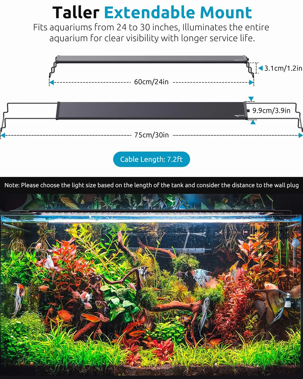 SEAOURA Światło akwariowe do akwarium, niestandardowy timer 24/7, pamięć wyłączania, 7-rzędowe diody LED 61-76 cm pełne spektrum światła do akwarium z ryb, 8 kolorów, 20 jasności, cykl dzienny i nocny