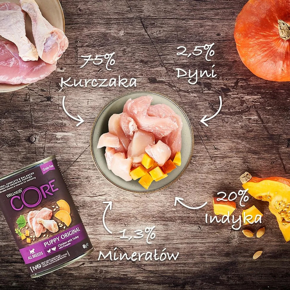 Wellness CORE 95% 6 x 400g, Kurczak i Indyk – Mokra Karma, Pasztet typu Chunky dla Szczeniąt, Bezzbożowa, Naturalna, Hipoalergiczna, Bogata w Białko, o Wysokiej Zawartości Mięsa