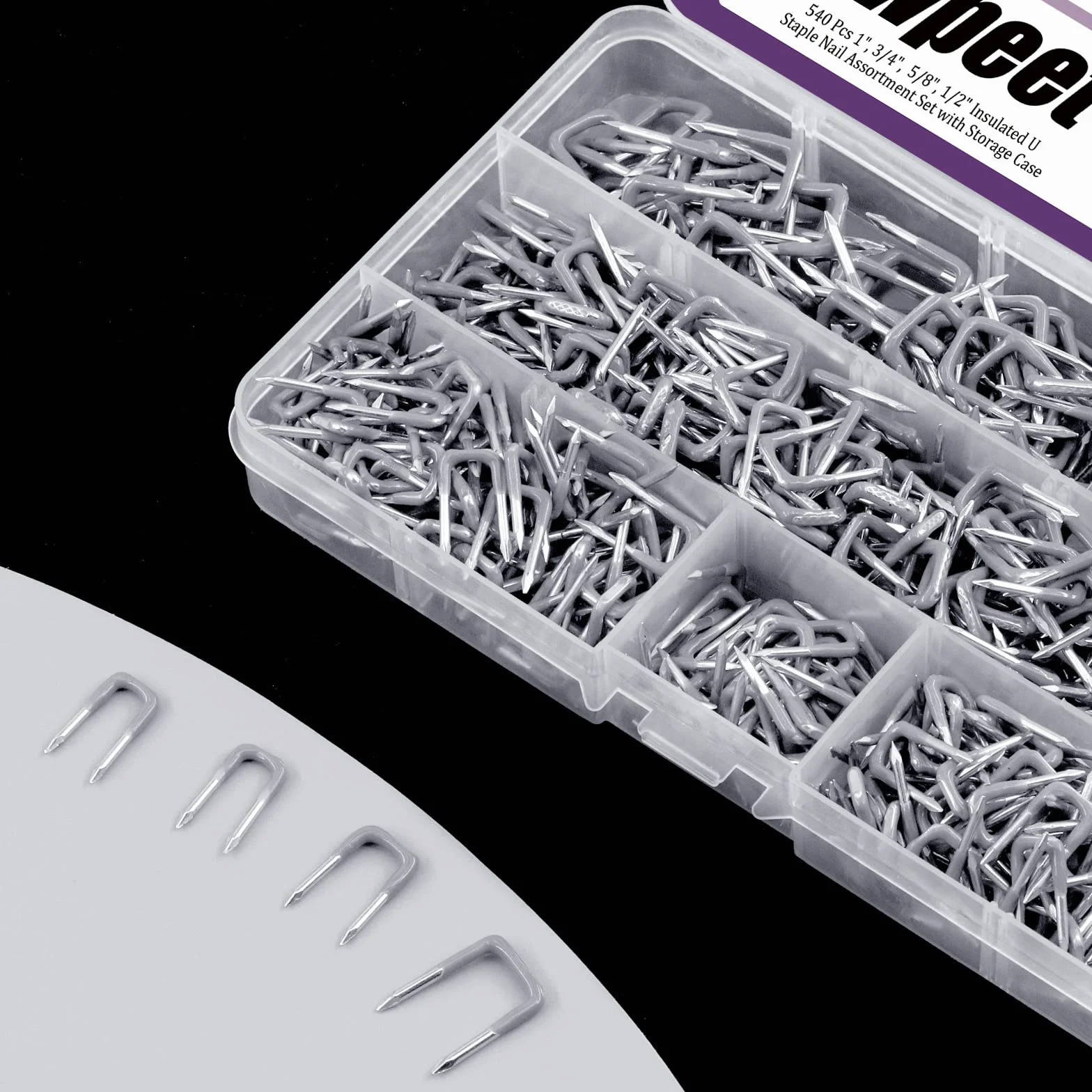 Swpeet 540 szt. 5 rozmiarów 0,9 cm 1,1 cm 1,4 cm izolowany zestaw do zszywek w kształcie litery U, różne rozmiary metalowe zszywki kablowe idealne do mocowania drewna, kabli