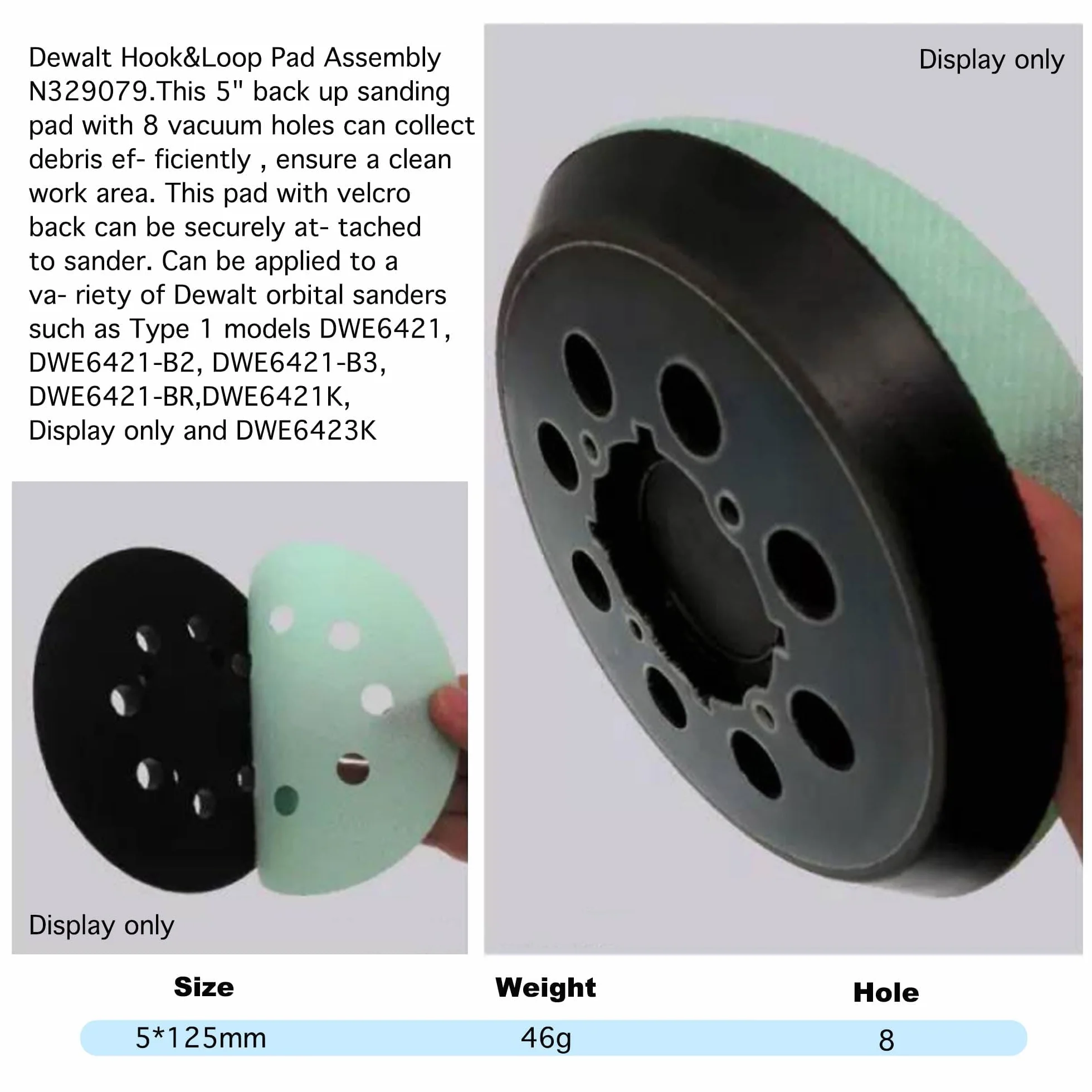 Talerz szlifierski 125 mm z rzepem talerz podporowy do DeWalt, płyta szlifierska 125 mm z rzepem do DeWalt DWE6423 6423K DWE6421 6421K DCW210B (8-otworowe 4-oczkowe, bieg)