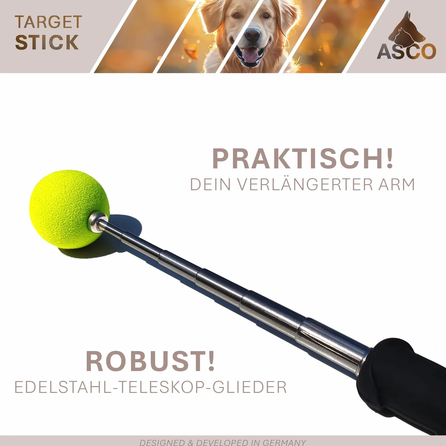 ASCO Target Stick AC01TS bransoletka ze stretchu dla psów, kotów, koni, trening i edukacja, stal nierdzewna, celownik teleskopowy, 17-73 cm, czarny