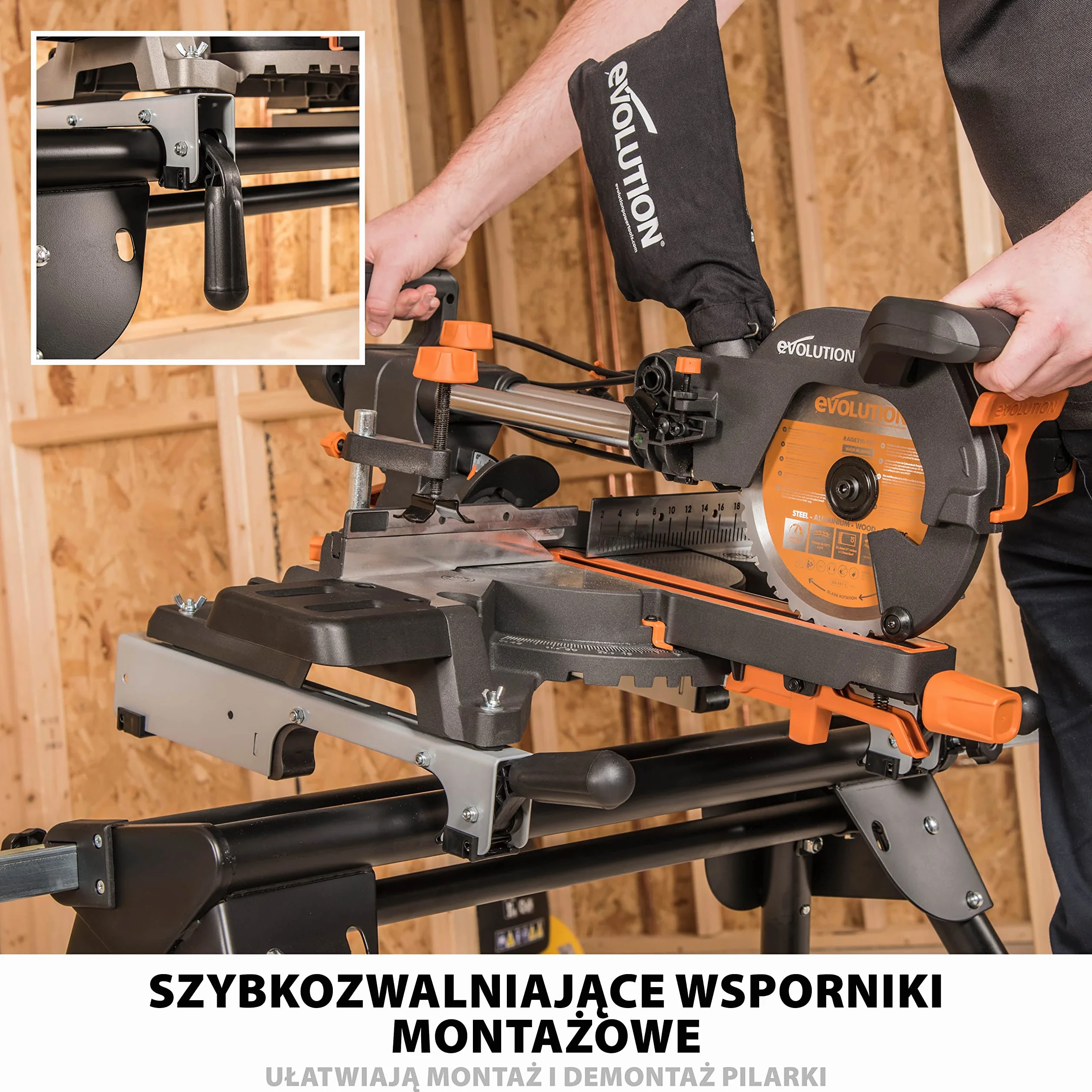 Evolution Power Tools Stojak do ukośnicy EVOMS1 – uniwersalny, kompaktowy, składany stojak z wysuwanymi ramionami. Pasuje do ukośnic Evolution, Makita, DeWalt, Bosch, Ryobi, Einhell i Metabo