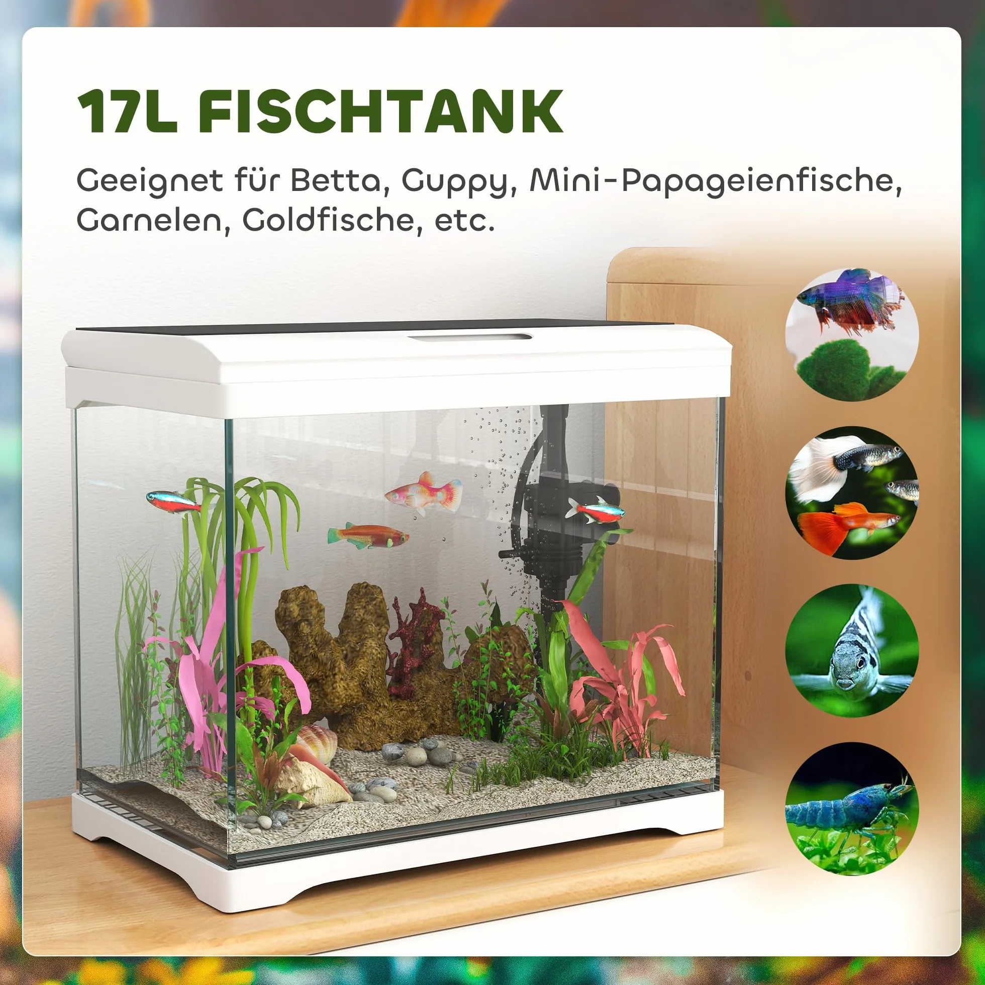 PawHut Akwarium 17 l z oświetleniem LED, system filtracji, pompa wodna biała