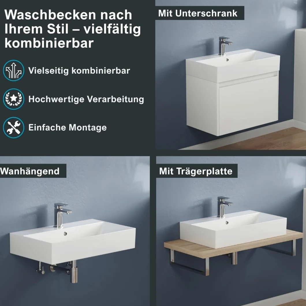 Aqua Bagno umywalka prostokątna 70 cm ceramiczna biały połysk z otworem na baterię i przelewem
