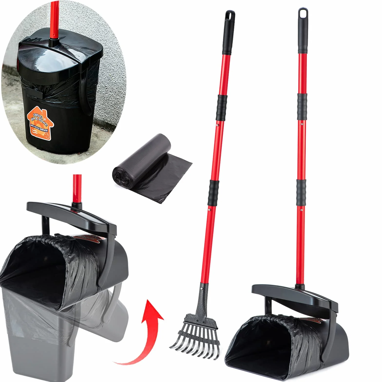 BANORES Pooper Scooper duży obrotowy kosz i grabie dla dużych i małych psów, nietłukący się skuter dla psów, z 20 workami na odpady, łatwe do czyszczenia, odpady dla zwierząt domowych na trawie, brudu lub żwirze, artykuły dla zwierząt domowych