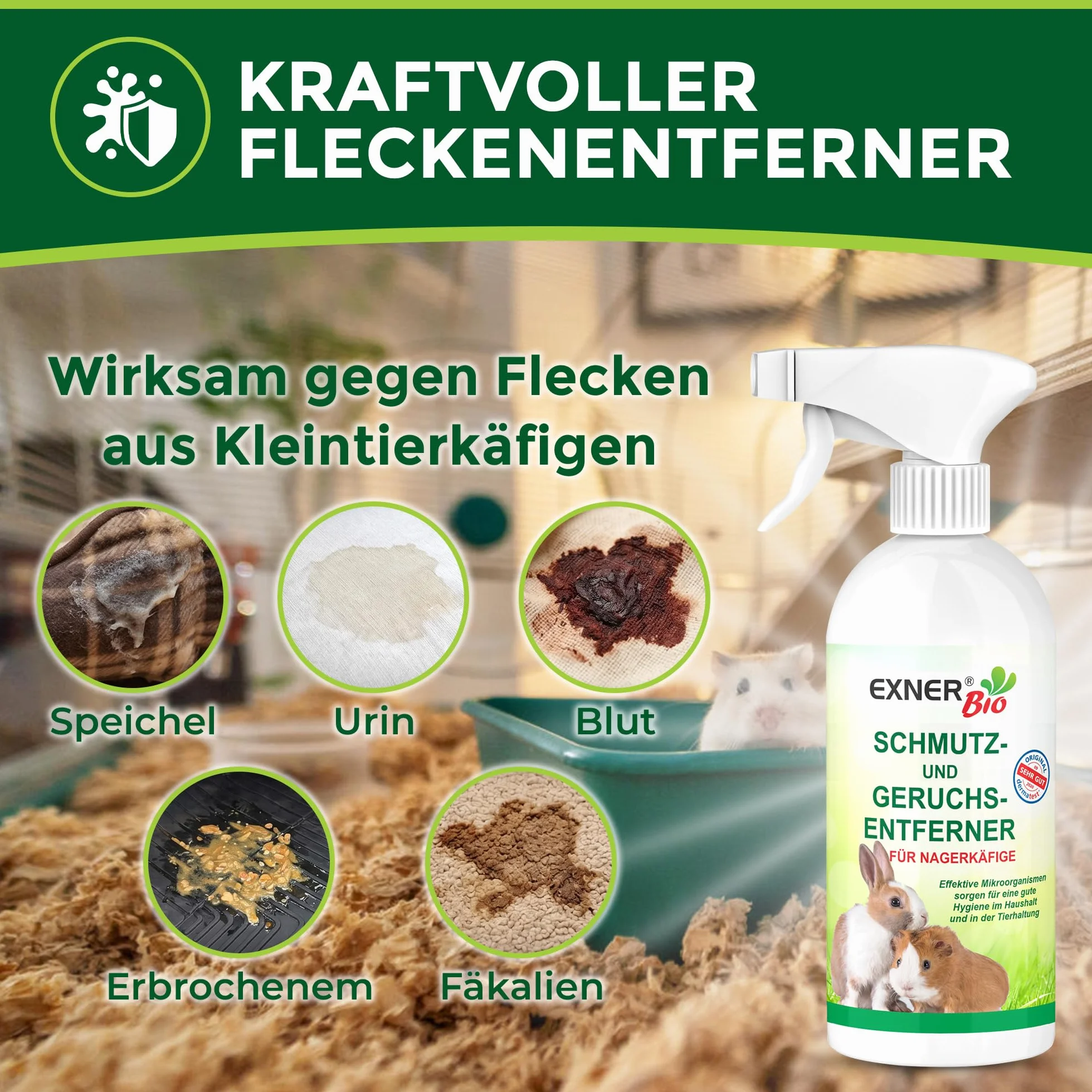 Środek do usuwania zapachów i brudu do klatek dla gryzoni – z mikroorganizmami przeciwko odchodom, moczowi i zapachom zwierząt domowych, 100% naturalny i delikatny – butelka z rozpylaczem