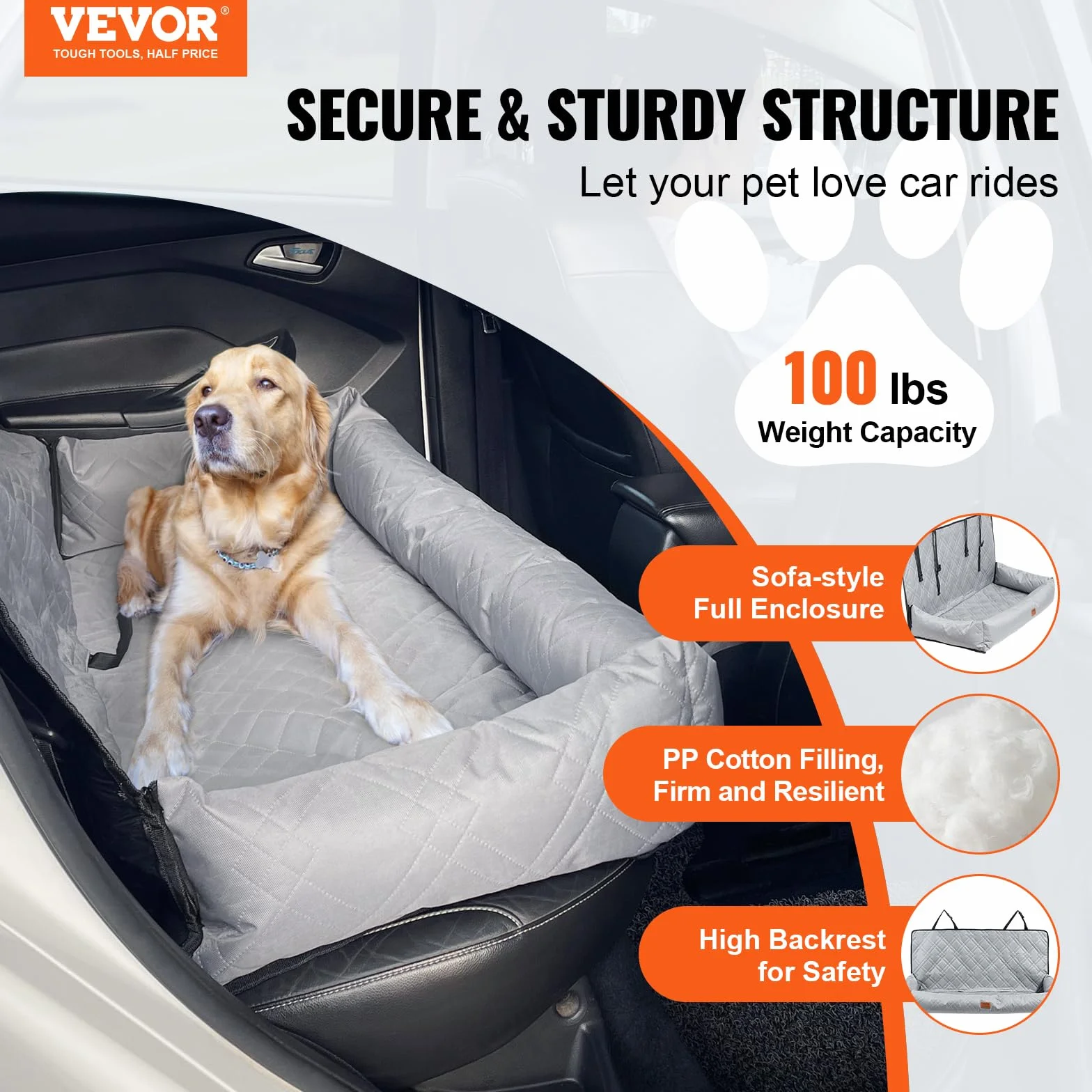 VEVOR Fotelik samochodowy dla psa, wodoodporny, z klipsem na smycz, wypełnienie bawełniane PP