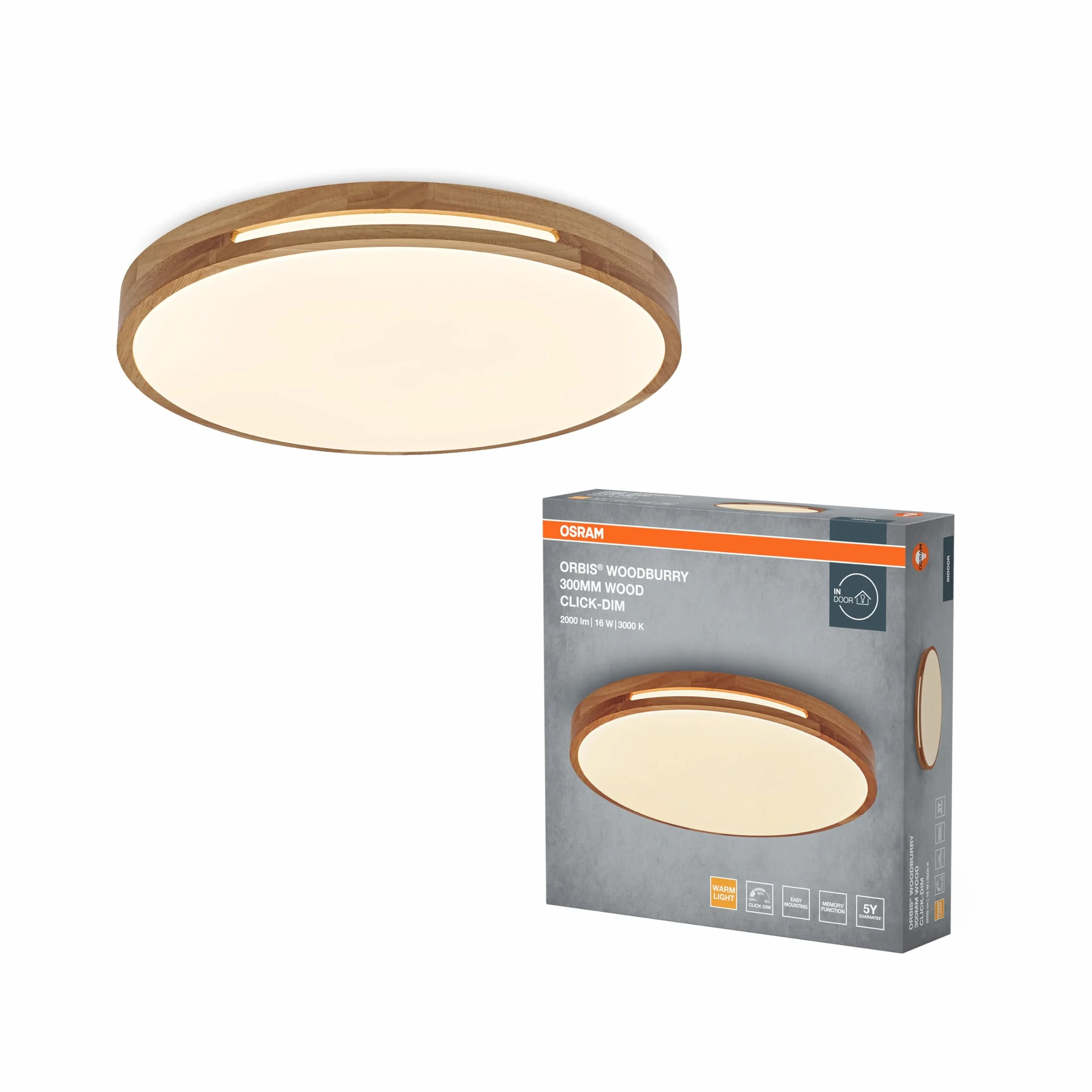OSRAM ORBIS Woodburry lampa ścienna/sufitowa LED z dekorem drewnianym, 16 W, 1000 lm, 3000 K, średnica 300 mm, przyjazna ciepła biel 830, stopień ochrony IP20, w komplecie śruby montażowe i kołki