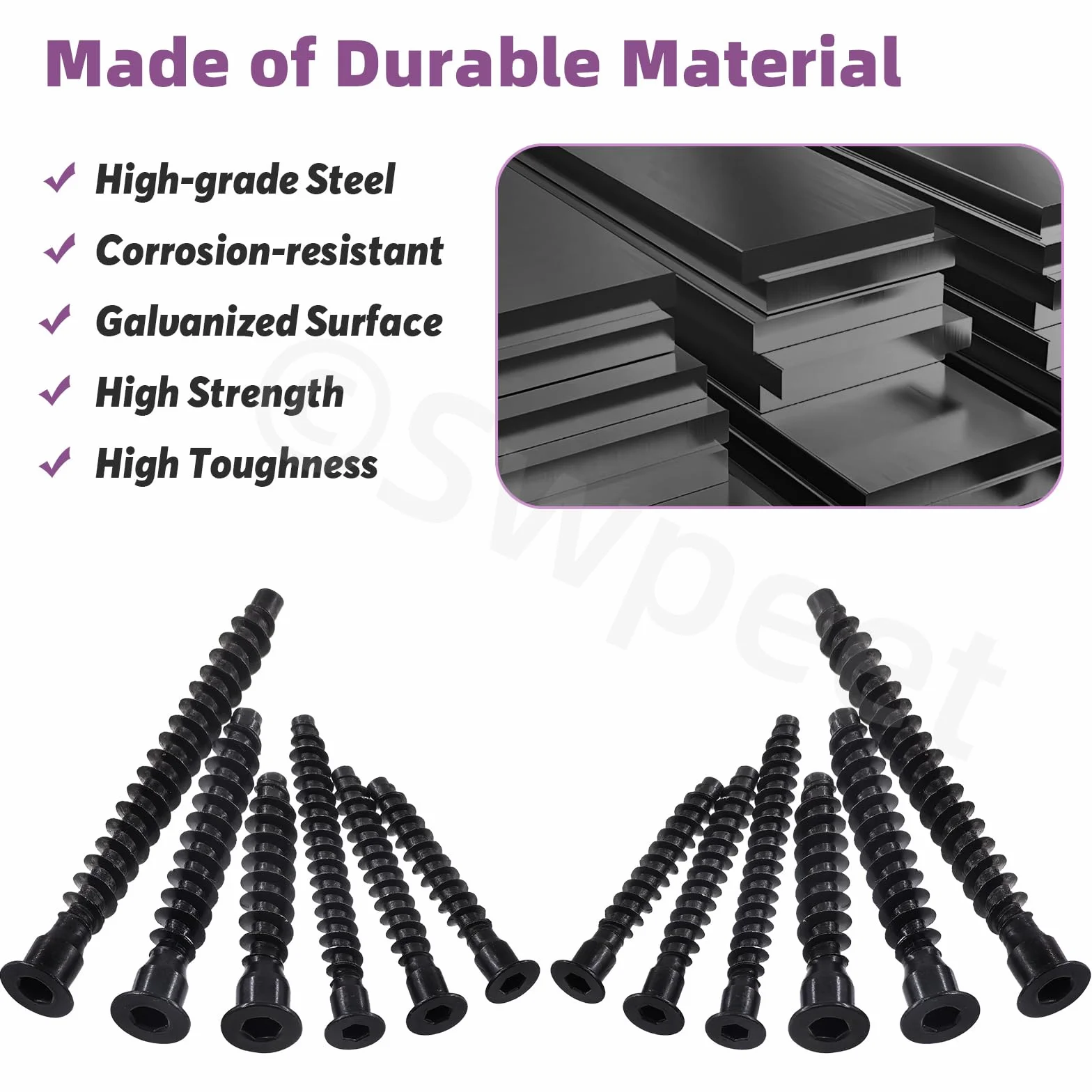 Swpeet 130 sztuk 6 rozmiarów M5 x 35 mm/40 mm/50 mm & M7 x 40 mm/50 mm/70 mm Ocynkowane śruby Confirmat ze stali węglowej Zestaw asortymentowy, Wkręty meblowe łączące z łbem walcowym stożkowym