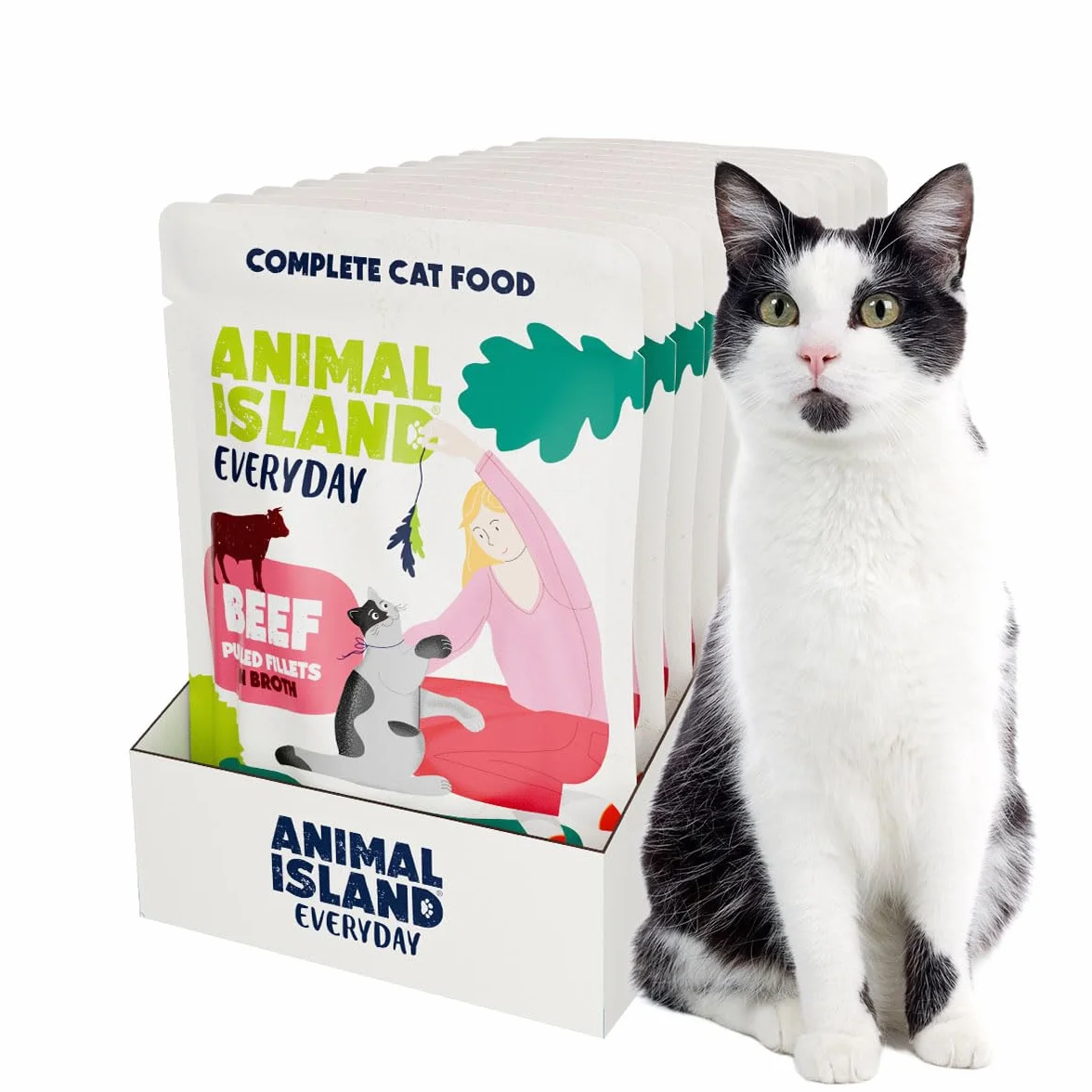 Animal Island Karma Mokra dla Kota Dorosłego Zestaw Saszetki Everyday Szarpana Wołowina w Aromatycznym Rosole Kawałki Mięsa w Płynie Wysokobiałkowa Bez Zbóż Multipack Danie Mięsne w Sosie, 12 x 85g