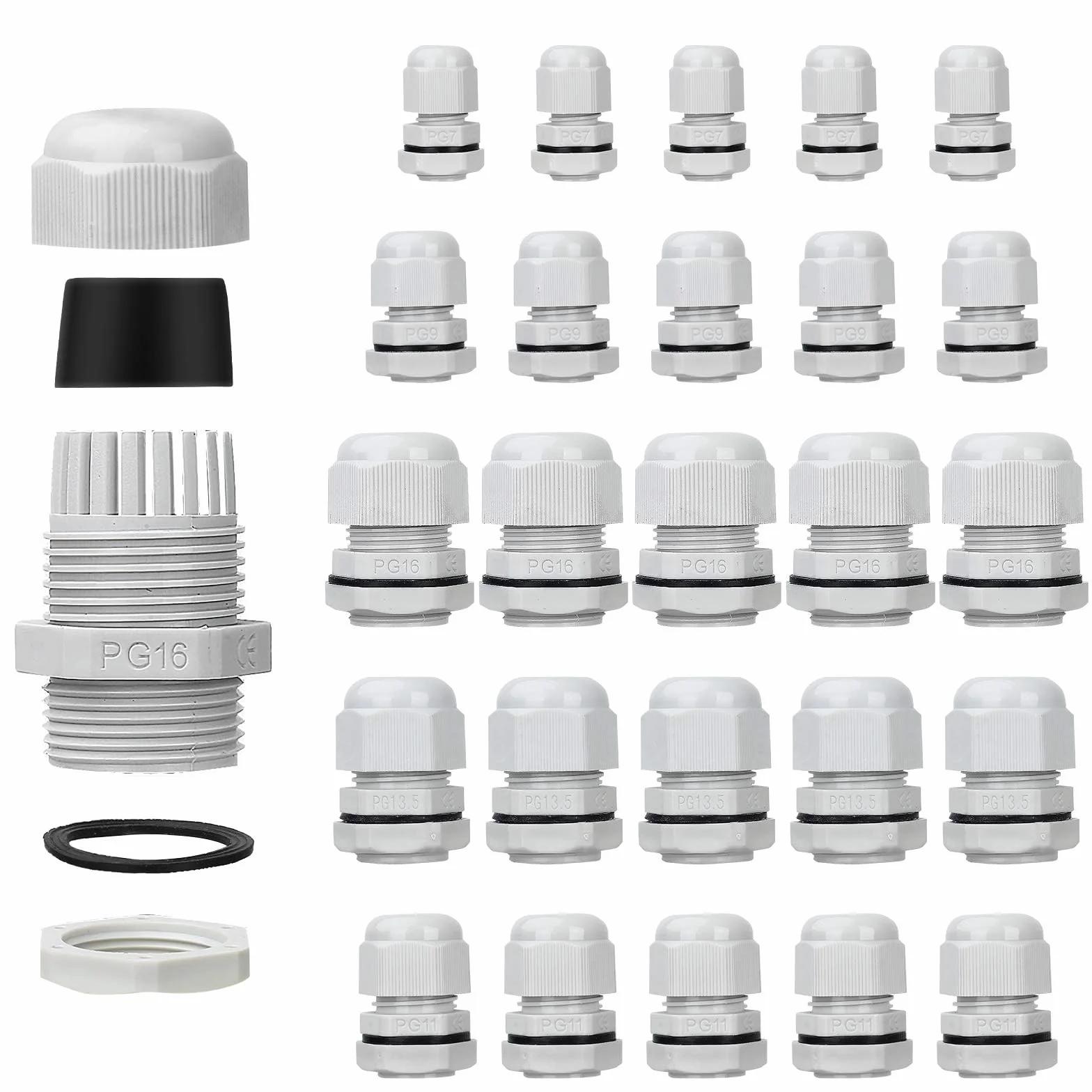 Bolatus 25 sztuk dławnic kablowych, regulowane 3-15 mm, ochrona środowiska, przepust kablowy, przepust kablowy, wodoszczelność IP68, PG7, PG9, PG11, PG13.5, PG16, szare