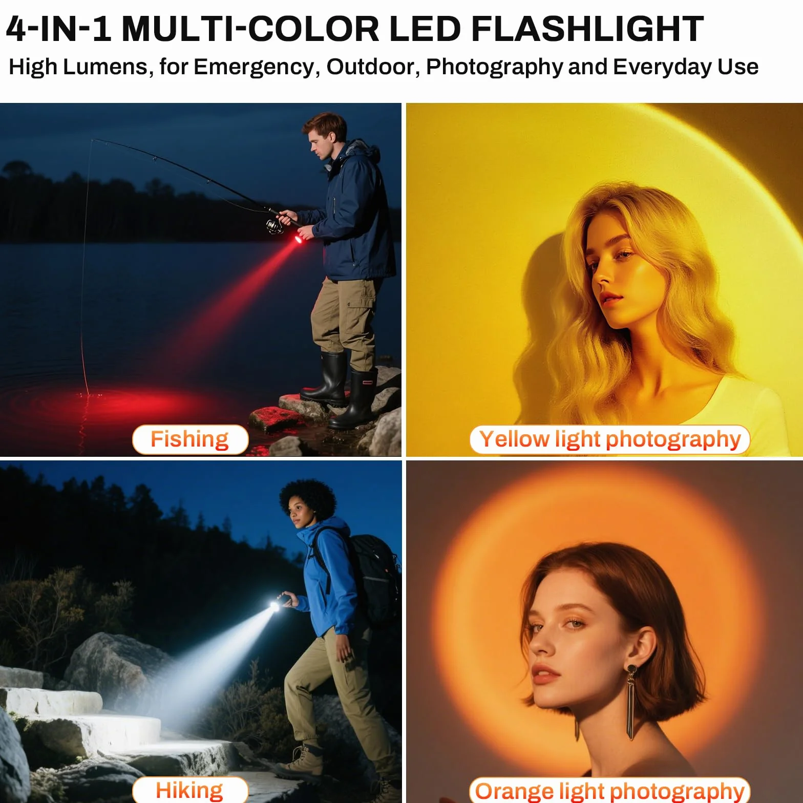 Latarka LED 4 w 1 Akumulatorowa Zoomable Wodoodporna Biała Czerwona Żółta Pomarańczowa