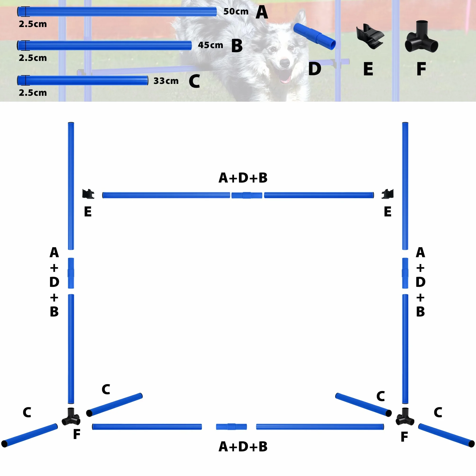 NAIZY Zestaw 4 płotków Agility Slalom dla zwierząt domowych, z regulacją wysokości, zestaw drążków treningowych dla psów, kotów, trening warunkowy, siła skoku, ruchliwość – niebieski