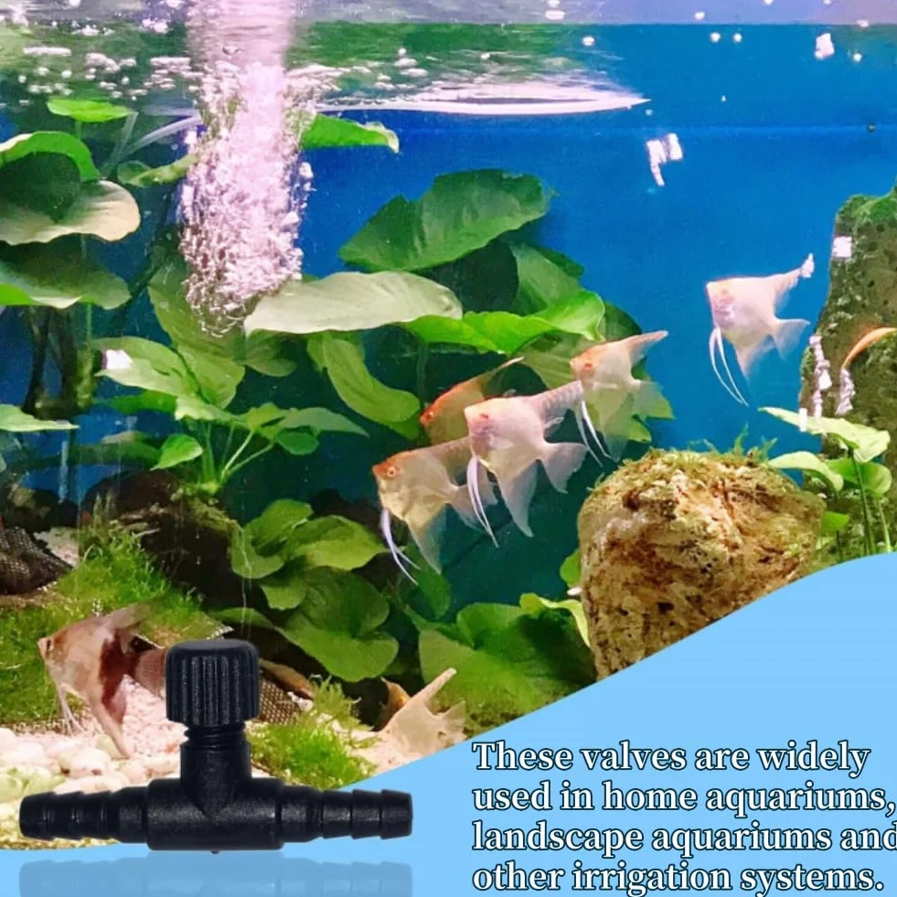 Zawór powietrza do akwarium, zawory sterujące pompą powietrza w kształcie litery T, złącze T do zbiornika ryb regulator przepływu powietrza do 4 mm rur, tworzywo sztuczne, czarne, 12 szt
