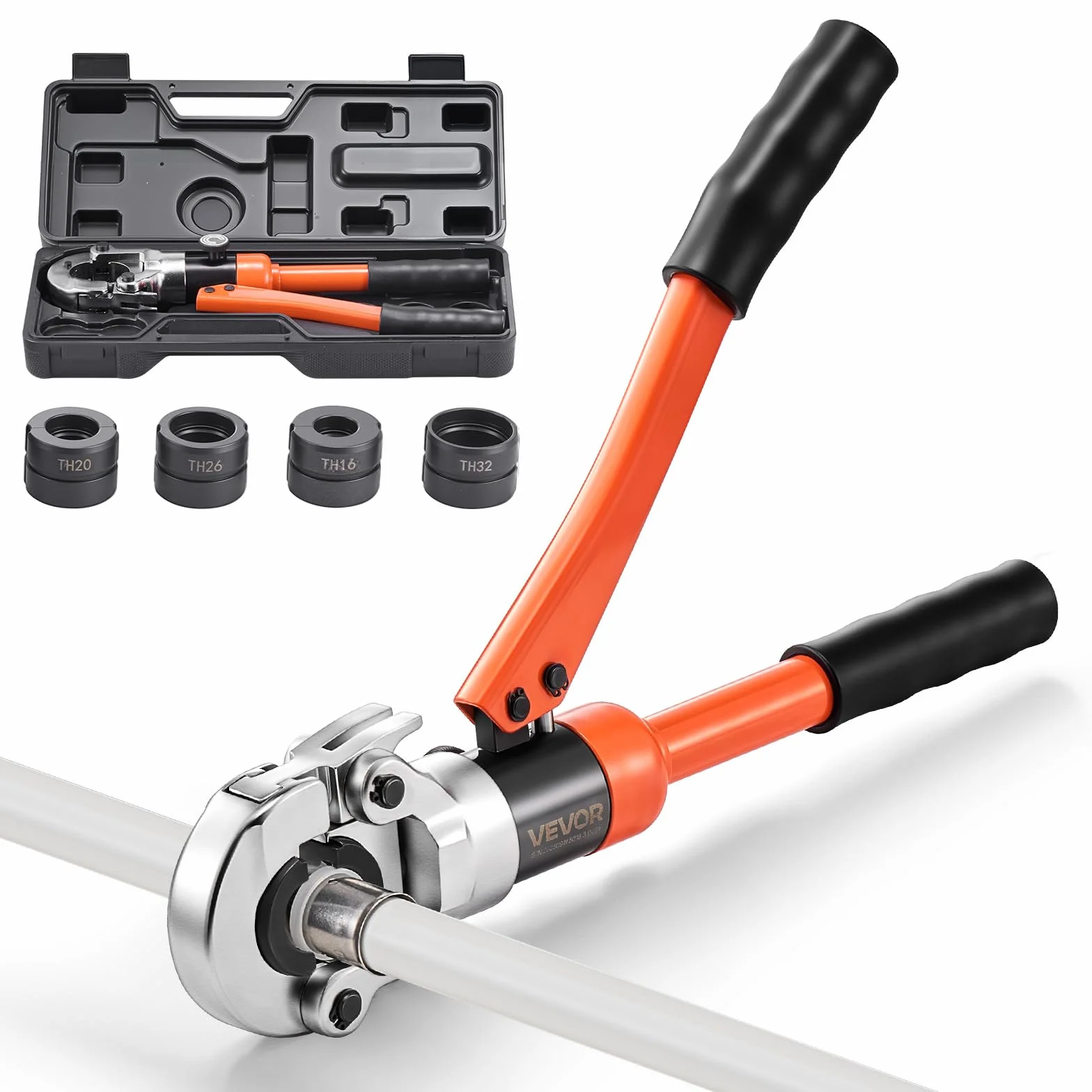 VEVOR Hydrauliczne narzędzie do zaciskania rur, zaciskacz do rur PEX i aluminiowo-plastikowych ze szczękami TH16 TH20 TH26 TH32 i futerałem do przenoszenia, zestaw narzędzi do zaciskania do napraw i
