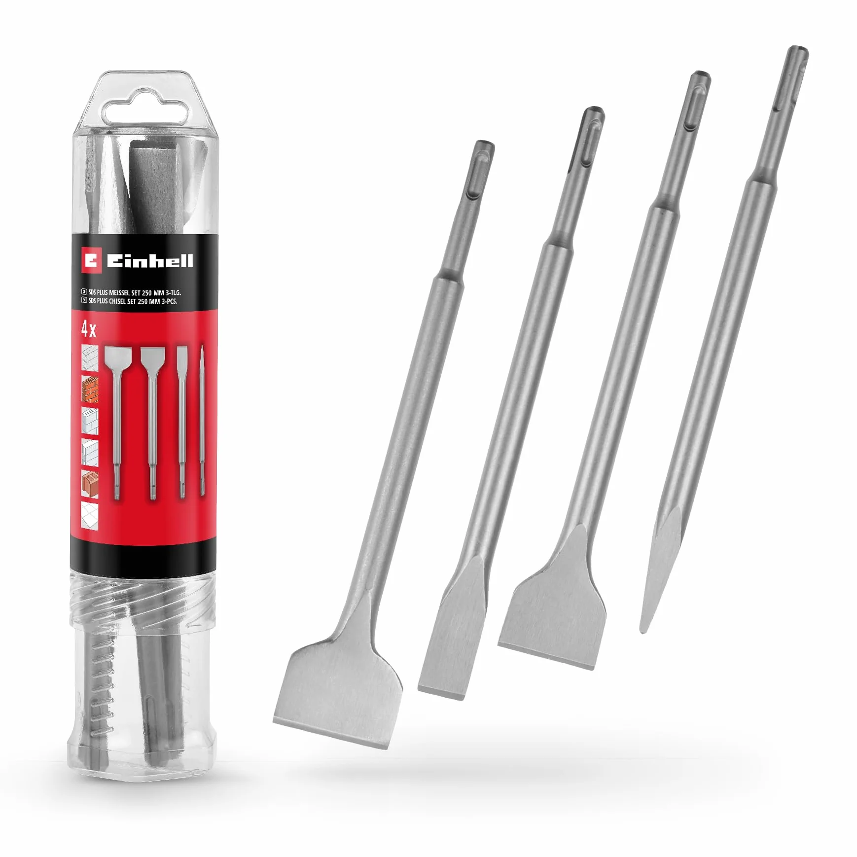 Oryginalny Einhell zestaw dłut SDS Plus, 250 mm (z dłutem spiczastym, dłutem płaskim 20 mm, dłuto łopatkowe 40 mm, dłuto do płytek 50 mm, z wytrzymałej stali 40Cr do prac rozbiórkowych i