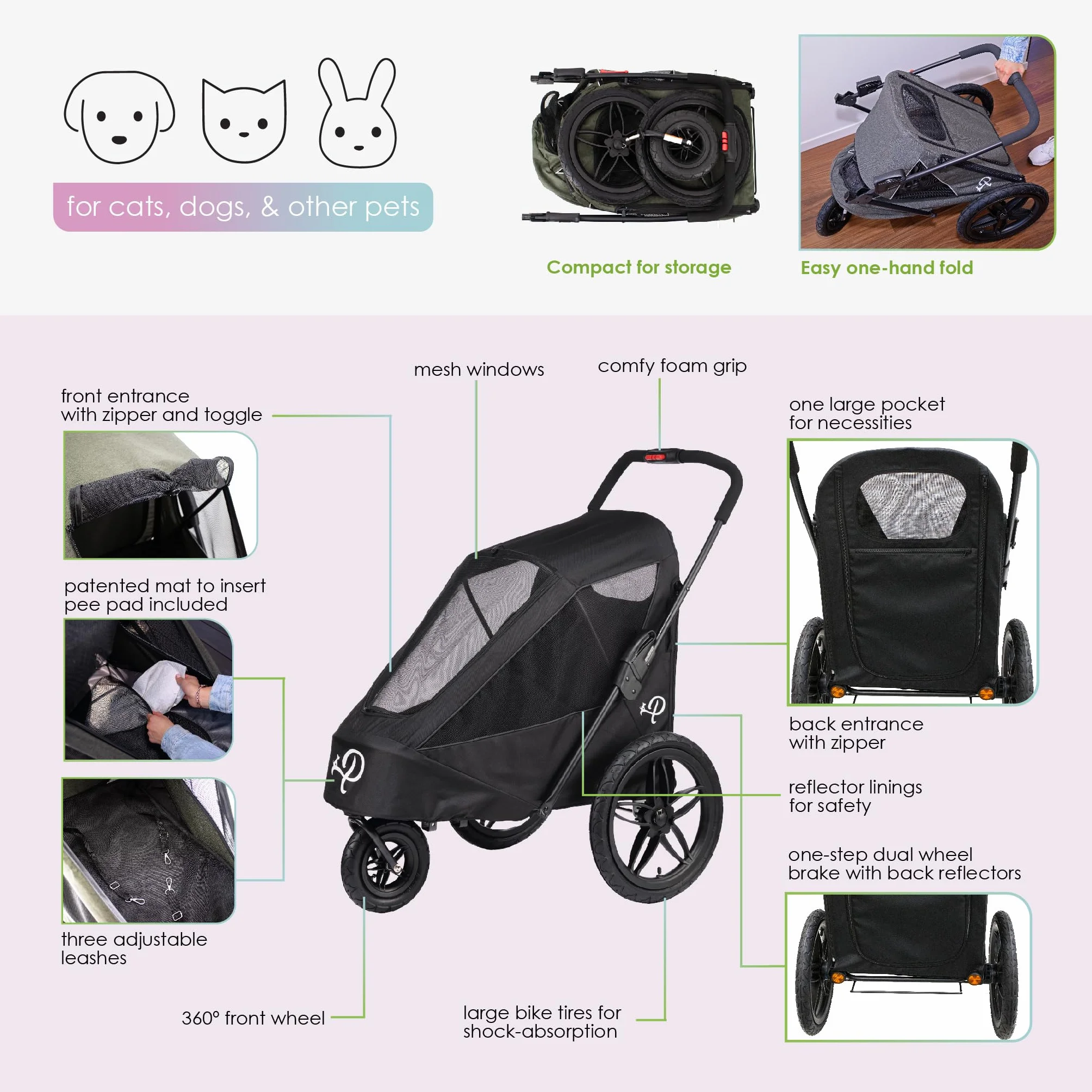 PETIQUE Luksusowa przyczepa do roweru dla psw, Duy rozmiar joggera, skadanie jedn rk, opony powietrzne, osona przeciwdeszczowa, pompa do opon, adapter rowerowy, Czarny