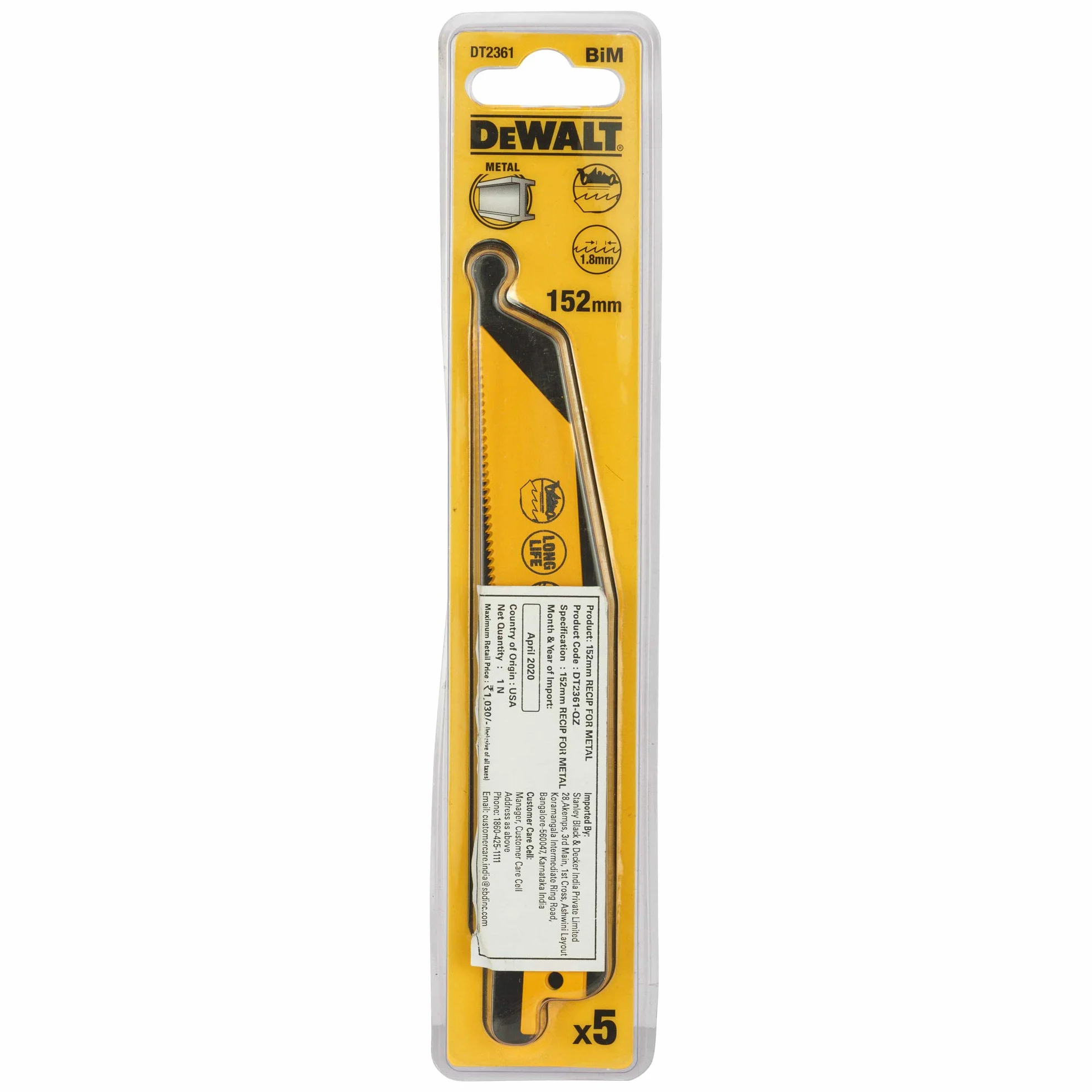 DeWalt Brzeszczoty do piły szablastej BI-Metal 152 mm 1,8 mm DT2361