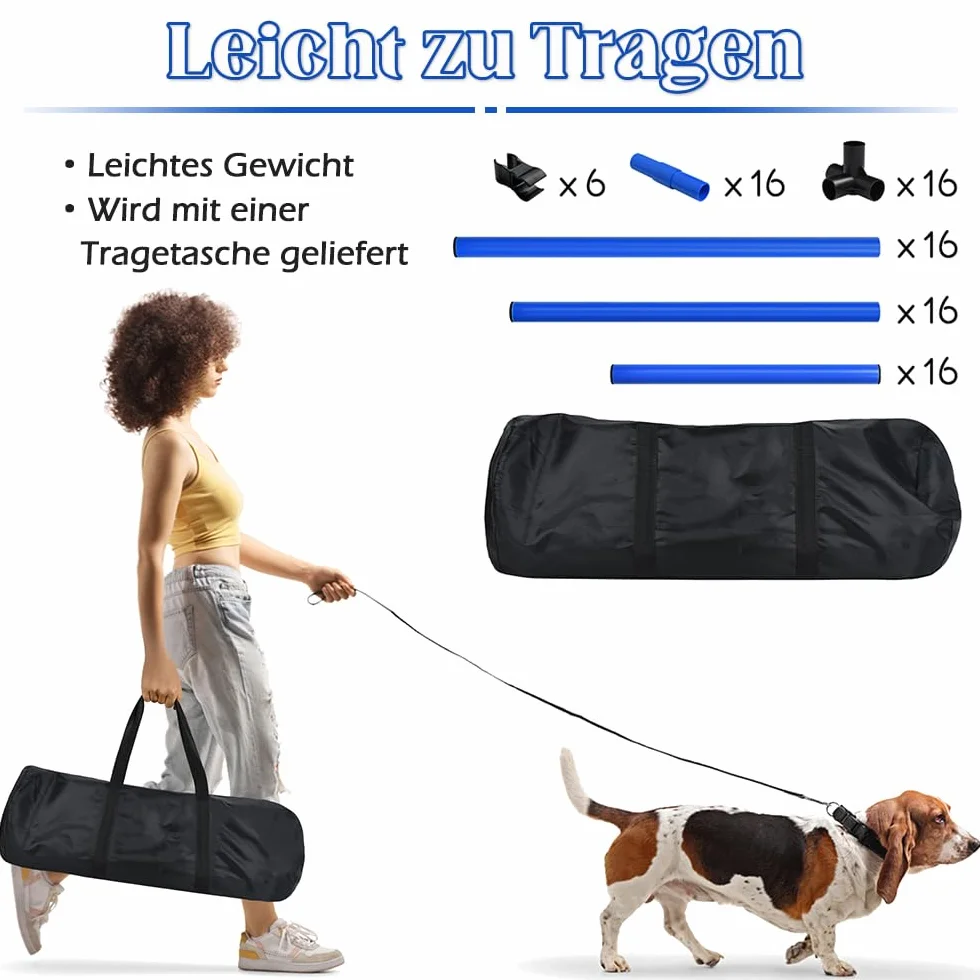 NAIZY Zestaw 4 płotków Agility Slalom dla zwierząt domowych, z regulacją wysokości, zestaw drążków treningowych dla psów, kotów, trening warunkowy, siła skoku, ruchliwość – niebieski