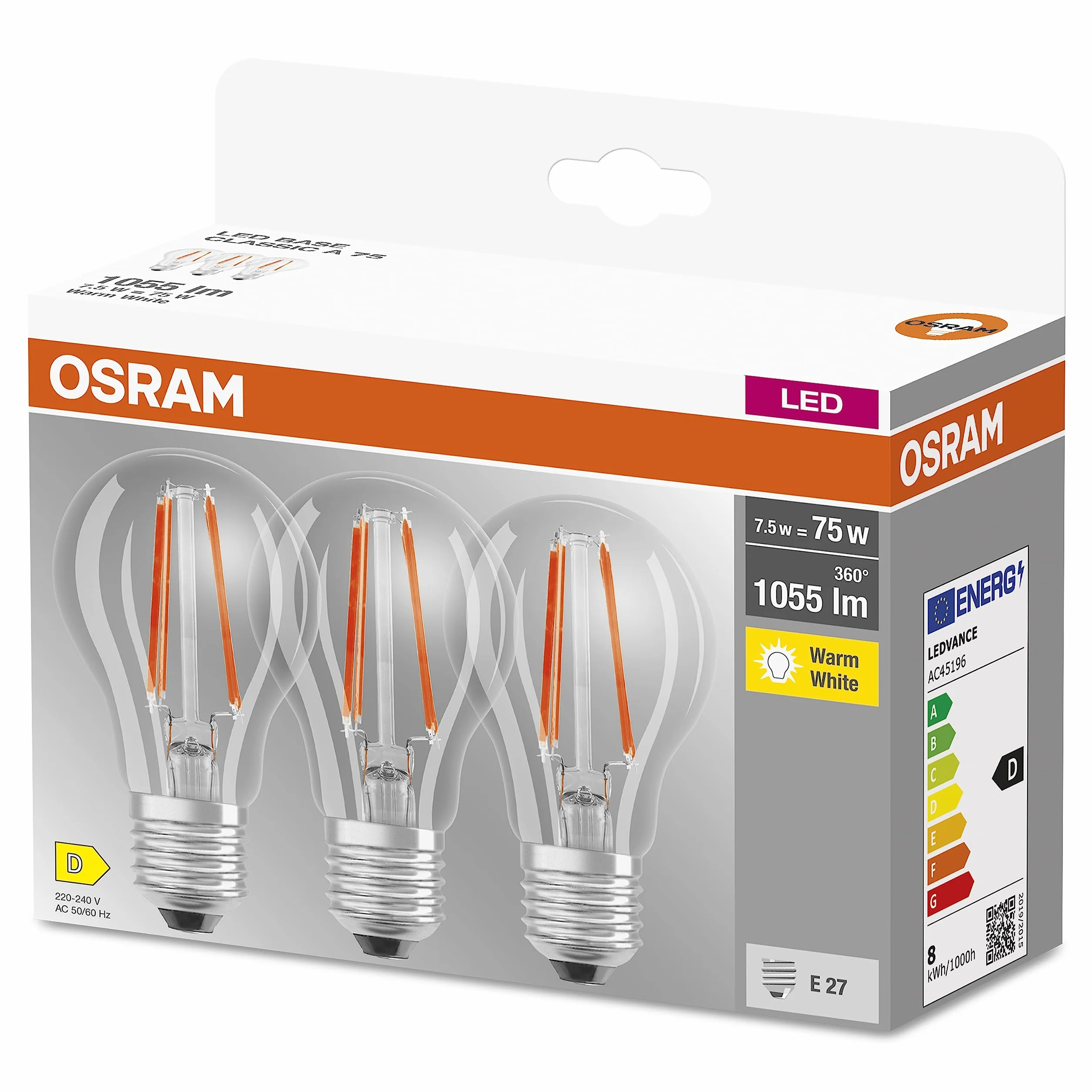 OSRAM LED BASE Classic A75 E27 2700K 1055 lm 3 szt. Żarówka LED