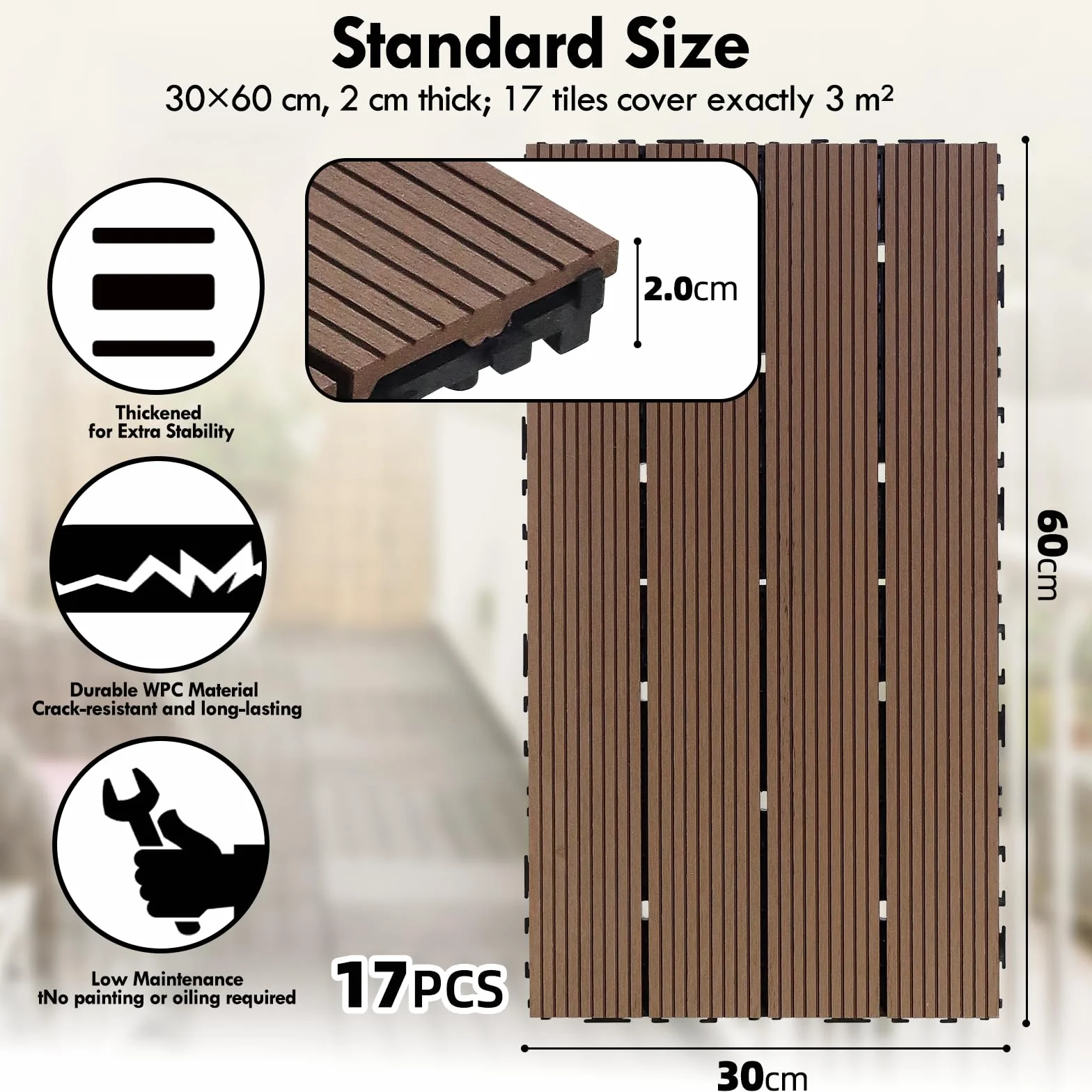 CCLIFE CushHom Deski tarasowe z WPC, na balkon, taras, płytki tarasowe, płytki na klik, 30 x 60 cm, wodoszczelne, antypoślizgowe, nadają się na balkon i do ogrodu, CushHom
