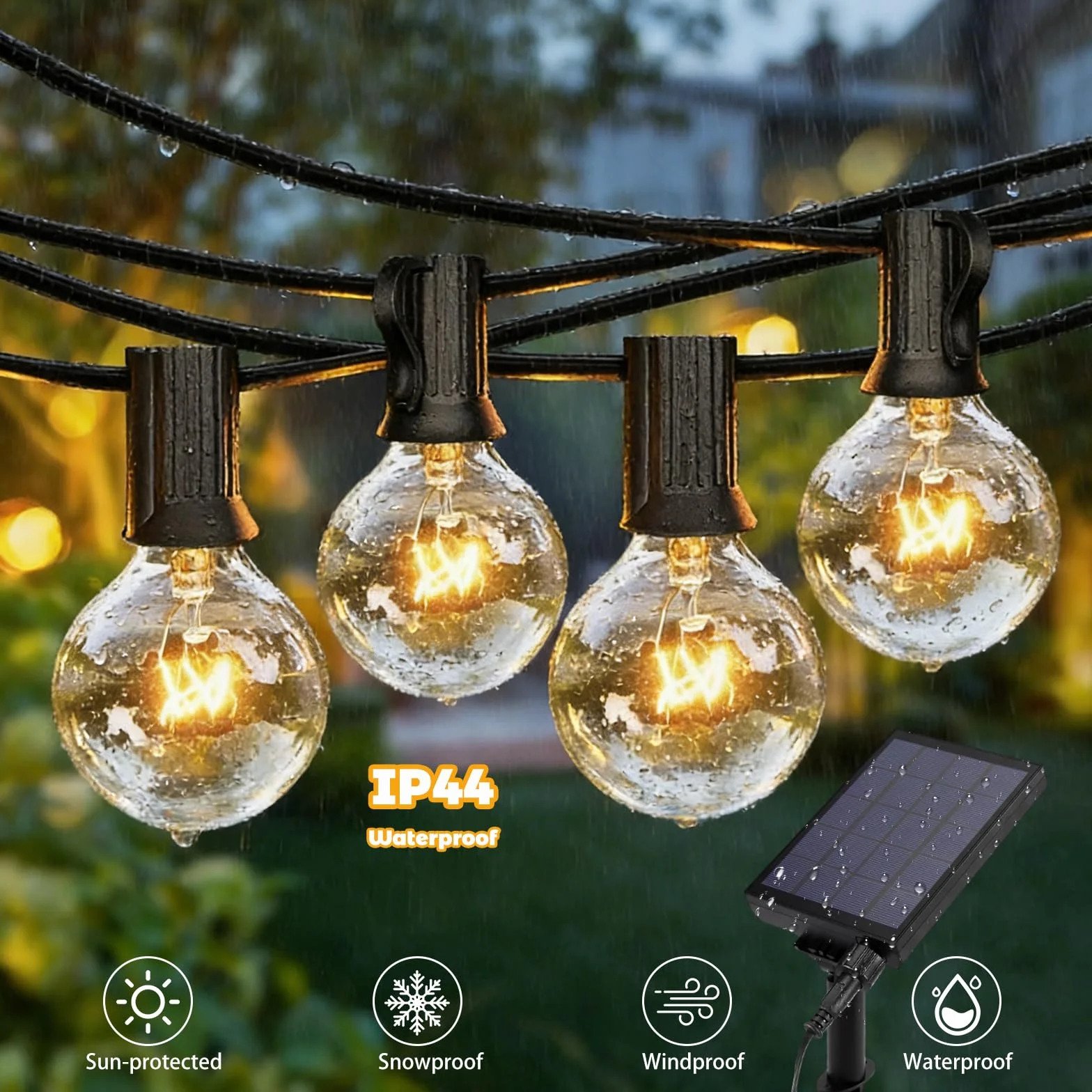 Sprifityy Łańcuch świetlny LED, do użytku na zewnątrz, 16 m, solarny łańcuch świetlny LED, G40, do użytku na zewnątrz, ściemniany, odporny na warunki atmosferyczne, wodoszczelność IP44, do ogrodu, na