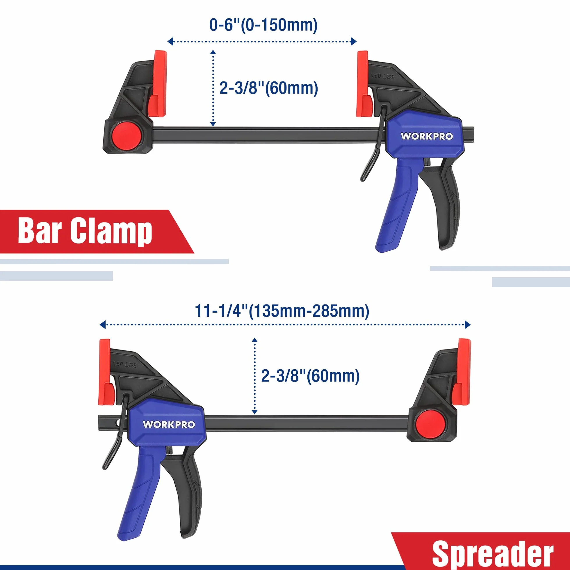 WORKPRO Zestaw zacisków jednoręcznych 150 mm, siła zacisku 68 kg, stal i nylon