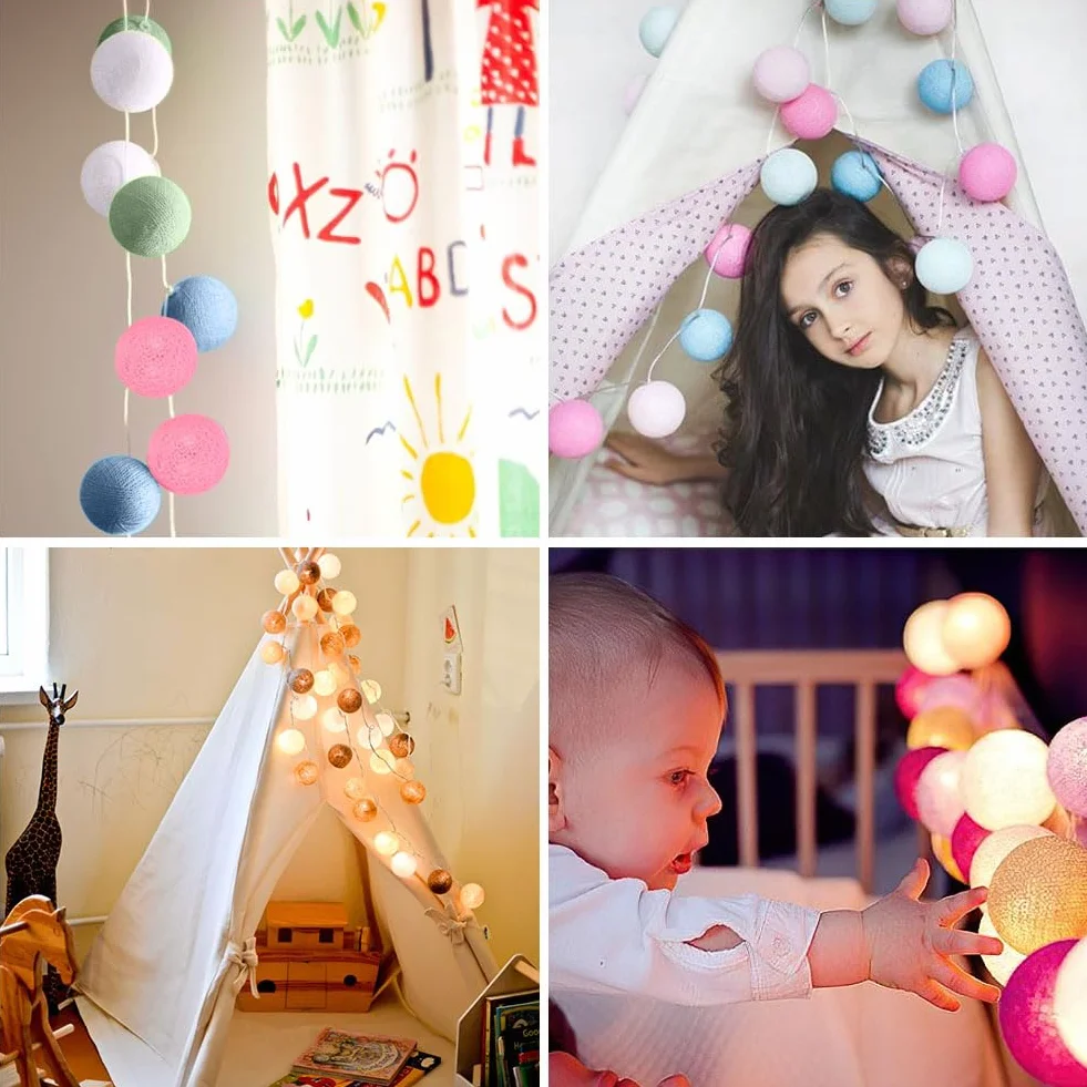 HOTUT Łańcuch świetlny z kulek bawełnianych, 3,3 m USB String Lights w kształcie kulek, łańcuch świetlny 20 LED z bawełnianymi kulkami do pokoju dziecięcego, wesele, imprezę, wystrój