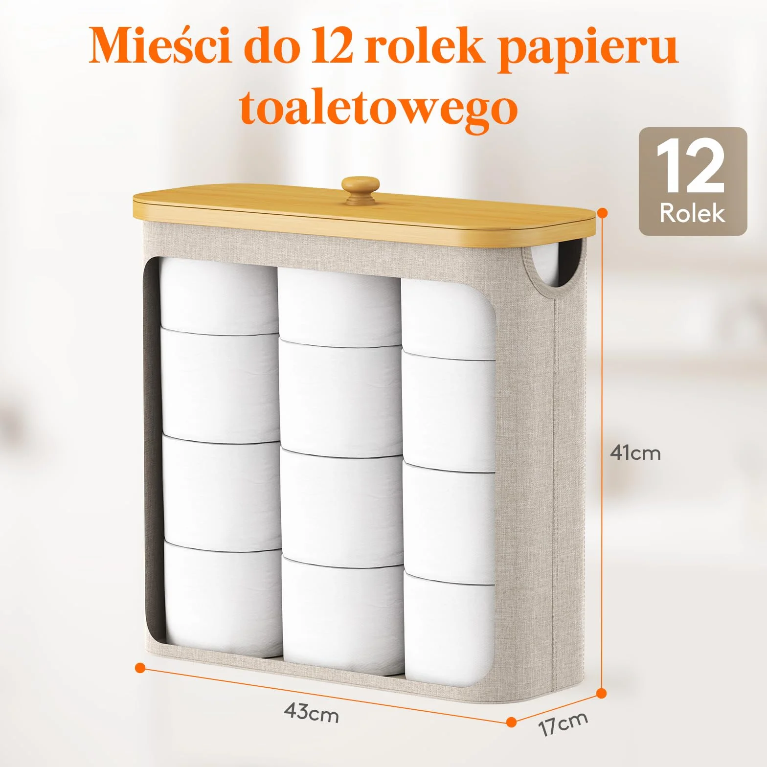 Lifewit Przechowywanie rolek papieru toaletowego, pudełko do przechowywania łazienkowego uchwyt stojak z pokrywką, bambusowy wielofunkcyjny kosz szafka na papier toaletowy z uchwytem, beżowy, 30L