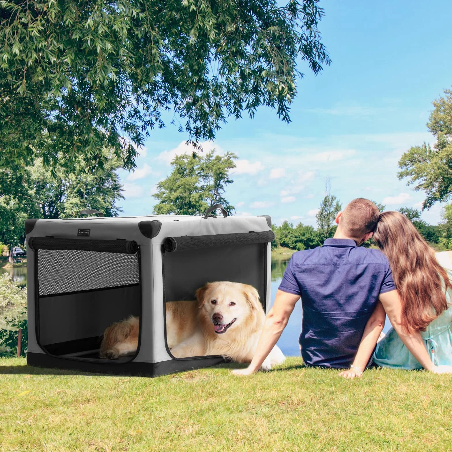 Petsfit Duża skrzynka podróżna dla psa, składana skrzynia samochodowa, nadająca się do prania, pokrowiec z tkaniny z kieszenią dla średnich i dużych psów, 91 cm, szara