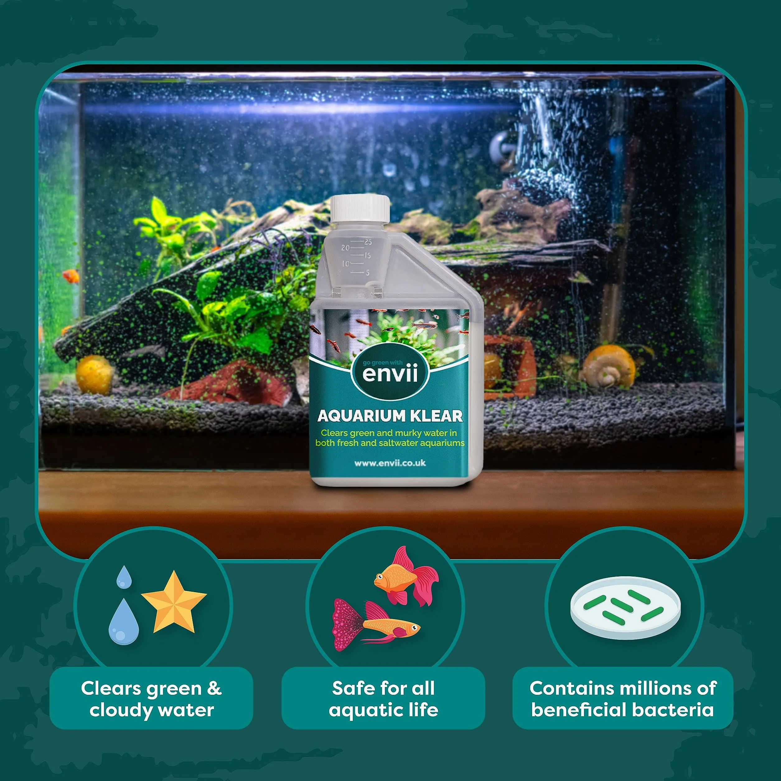 Envii Aquarium Klear - bakterie akwariowe - uzdatnianie wody do akwarium - Krystalicznie czysta woda w akwarium – płyn do czyszczenia akwarium - Oczyszcza 4000 litrów