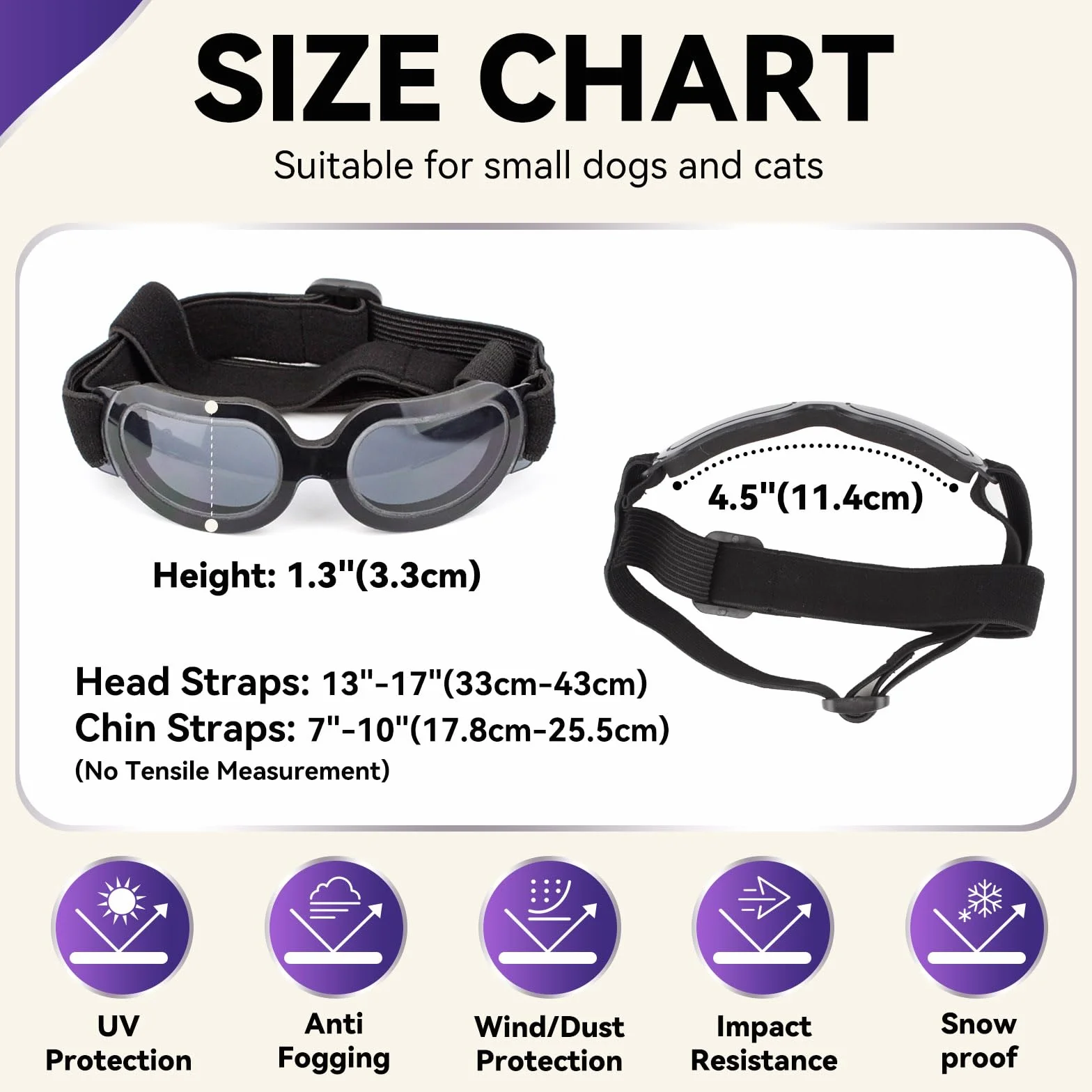 ENJOYING Okulary przeciwsłoneczne dla małych psów, gogle z filtrem UV dla szczeniąt, wiatroszczelna ochrona oczu na rower i do auta, regulowane paski, stylowy czarny (Cool Black)