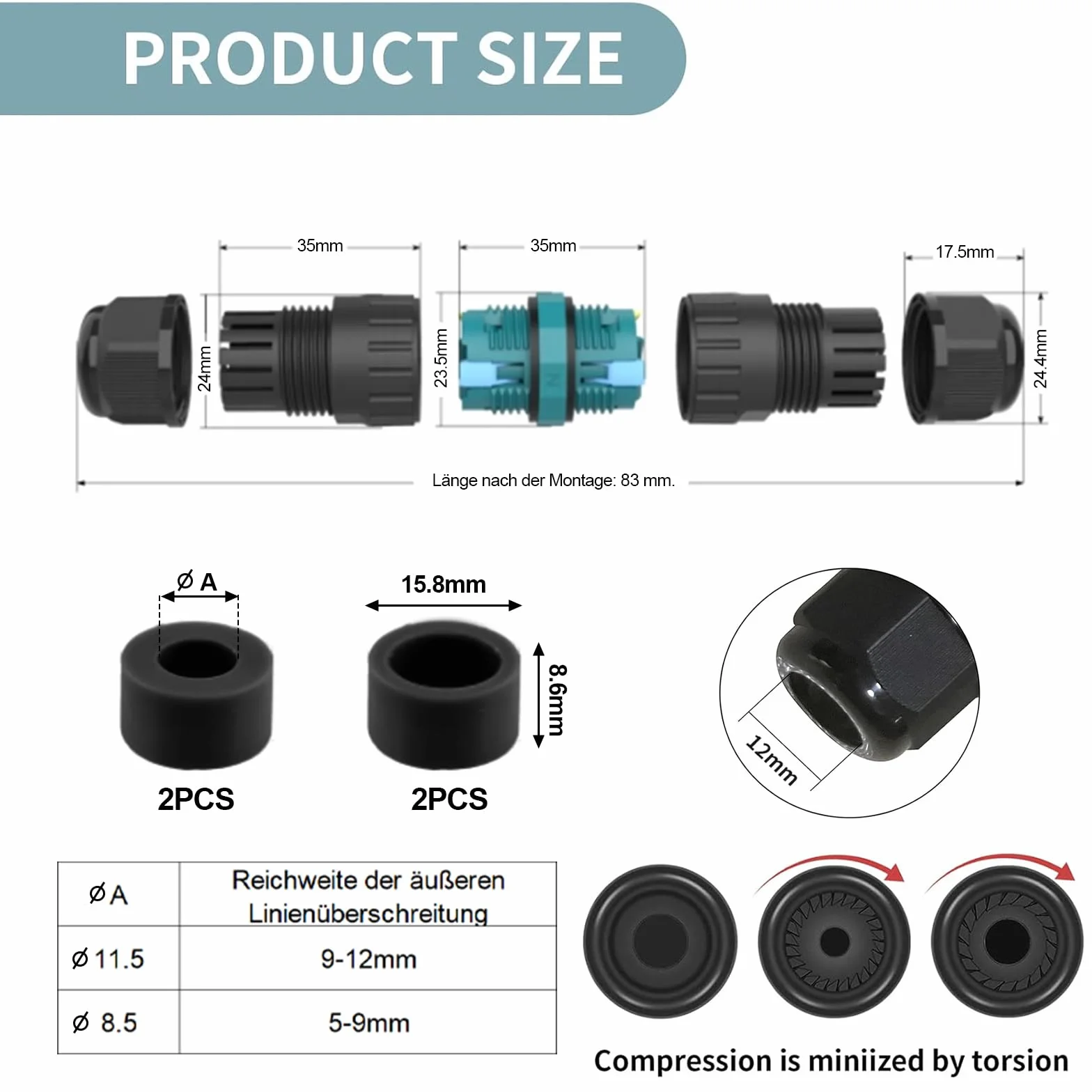 Wodoszczelne złącze kablowe IP68 do kabli 5-12 mm, 3-pinowa tuleja, czarna puszka ogrodowa, na zewnątrz, dach (3-pinowe 4p)