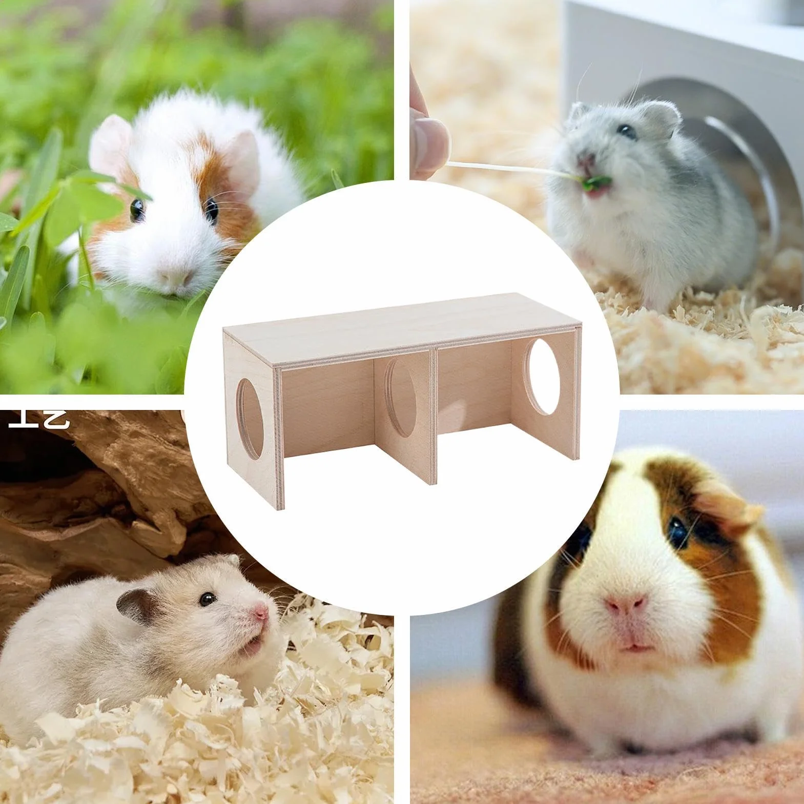 Wooden Hamster Conceal Habitat, 2-Chamber Multi-Room Small Animal Hiding Place, Natural Wood Hamster House and Maze, Cozy Shelter and Landscape Ornament for Hamsters, Gerbils,small Pets