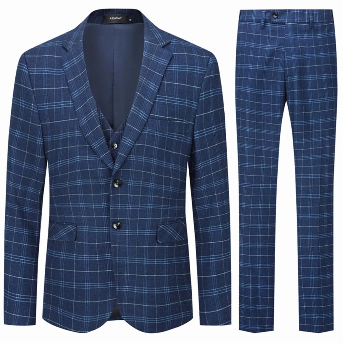 Allthemen Dres męski, garnitur w kratkę, slim fit, 3-częściowy, marynarka, biznesowa, na wesele