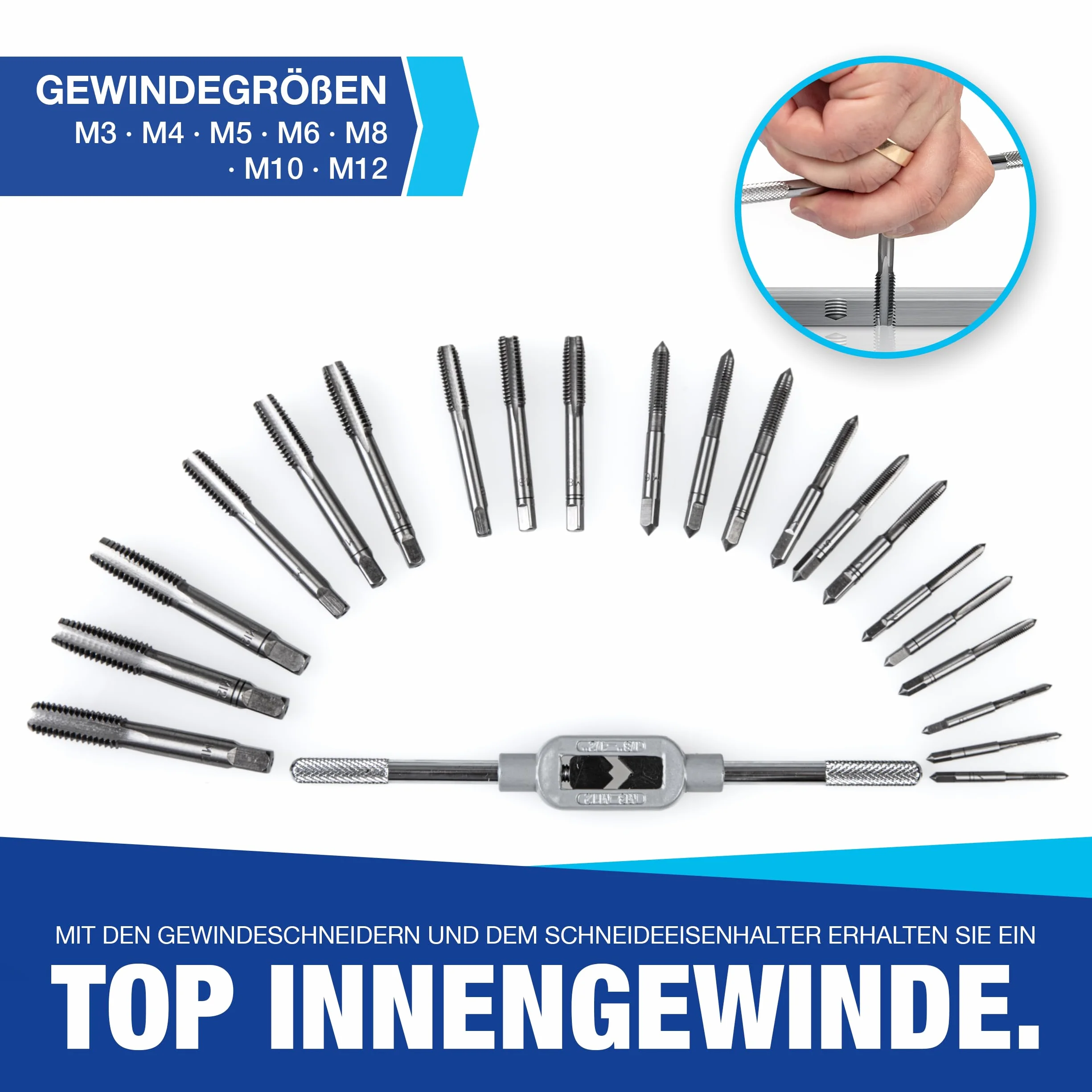 NTG 32-częściowy zestaw gwintowników wraz z walizką do przechowywania, M3, M4, M5, M6, M8, M10, M12 - do gwintów wewnętrznych i zewnętrznych - precyzyjny i niezawodny -