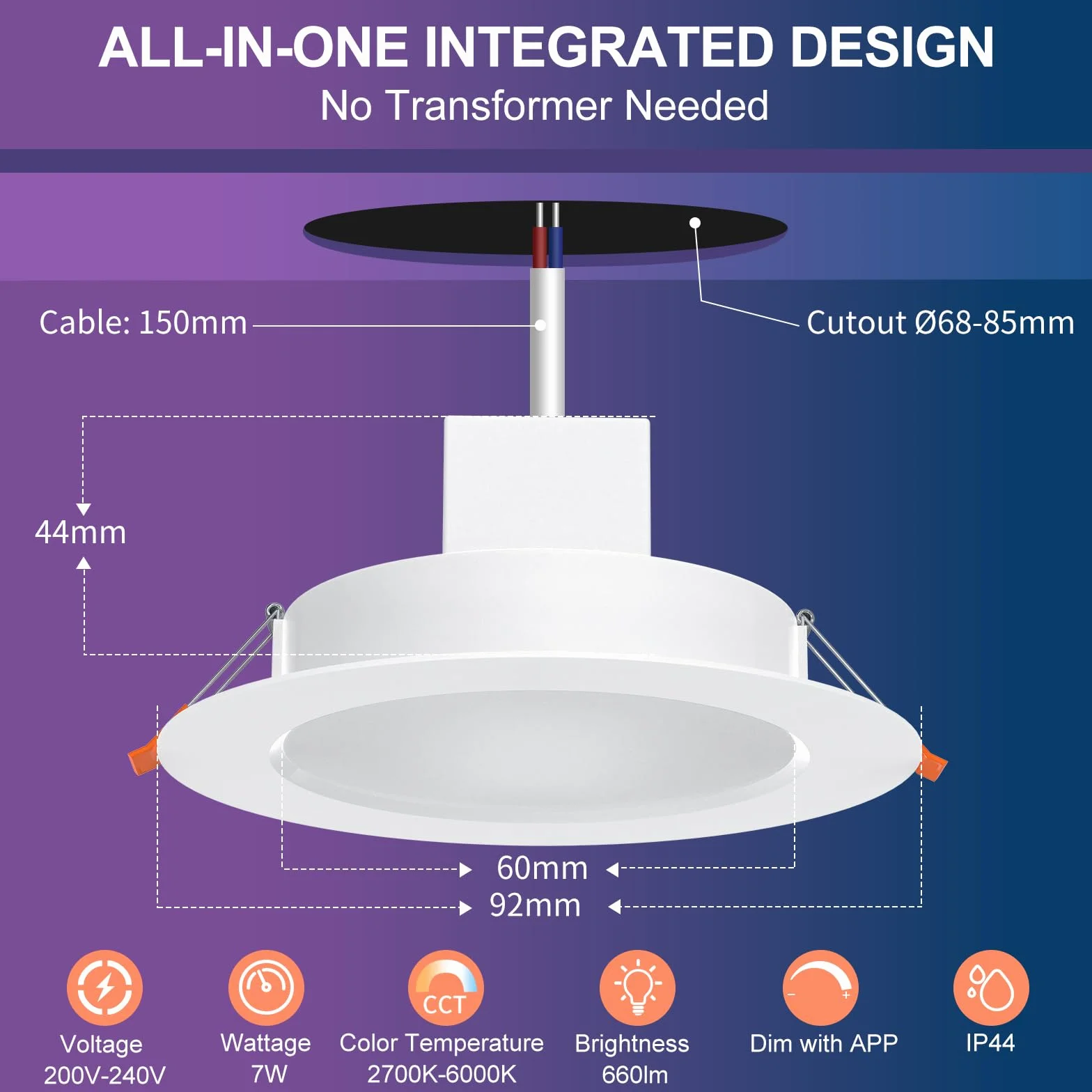 DUSKTEC Wbudowany reflektor LED Alexa Bluetooth, 220 V, wielokolorowe oświetlenie sufitowe RGB 68 mm, możliwość ściemniania, ciepła i zimna biel, 7 W, IP44, reflektor sufitowy LED łazienkowy