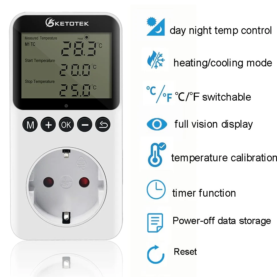 KETOTEK Wtyczka Termostatu Wylotowego z Dziennym Zegarem Nocnym Kontroler Temperatury Cyfrowego Ogrzewanie Chłodzenie 230V dla Gad Terrarium Grzałki Szklarnia Inkubator 220V