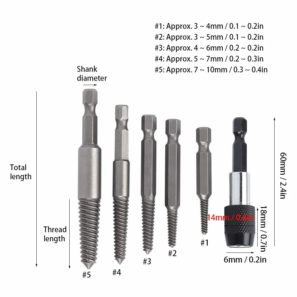 Zestaw 6 Złamanych Końcówek do Wykręcania śrub od 3 do 10 Mm, Uszkodzone Wykrętaki do śrub, Uszkodzony Zestaw Wykrętaków do śrub, Usuń Złamane Nakrętki lub śruby