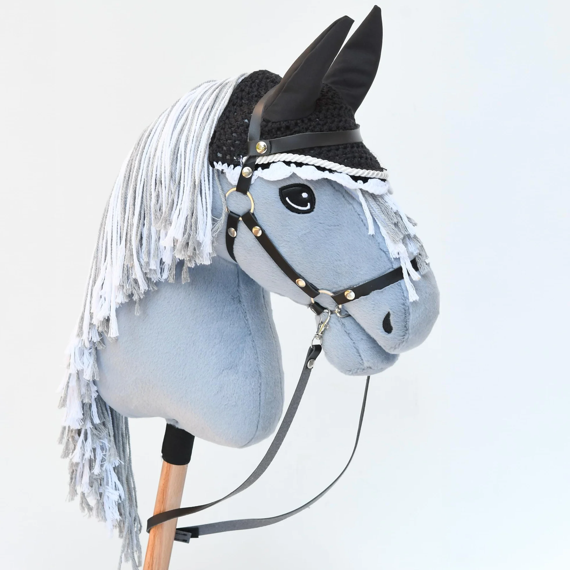 Hobby Horse Black Moumoute Halter Akcesory ze smyczą i czapką zabezpieczającą przed owadami, czarno-białe, do hobbystów, dla koni, rozmiar A4/A3