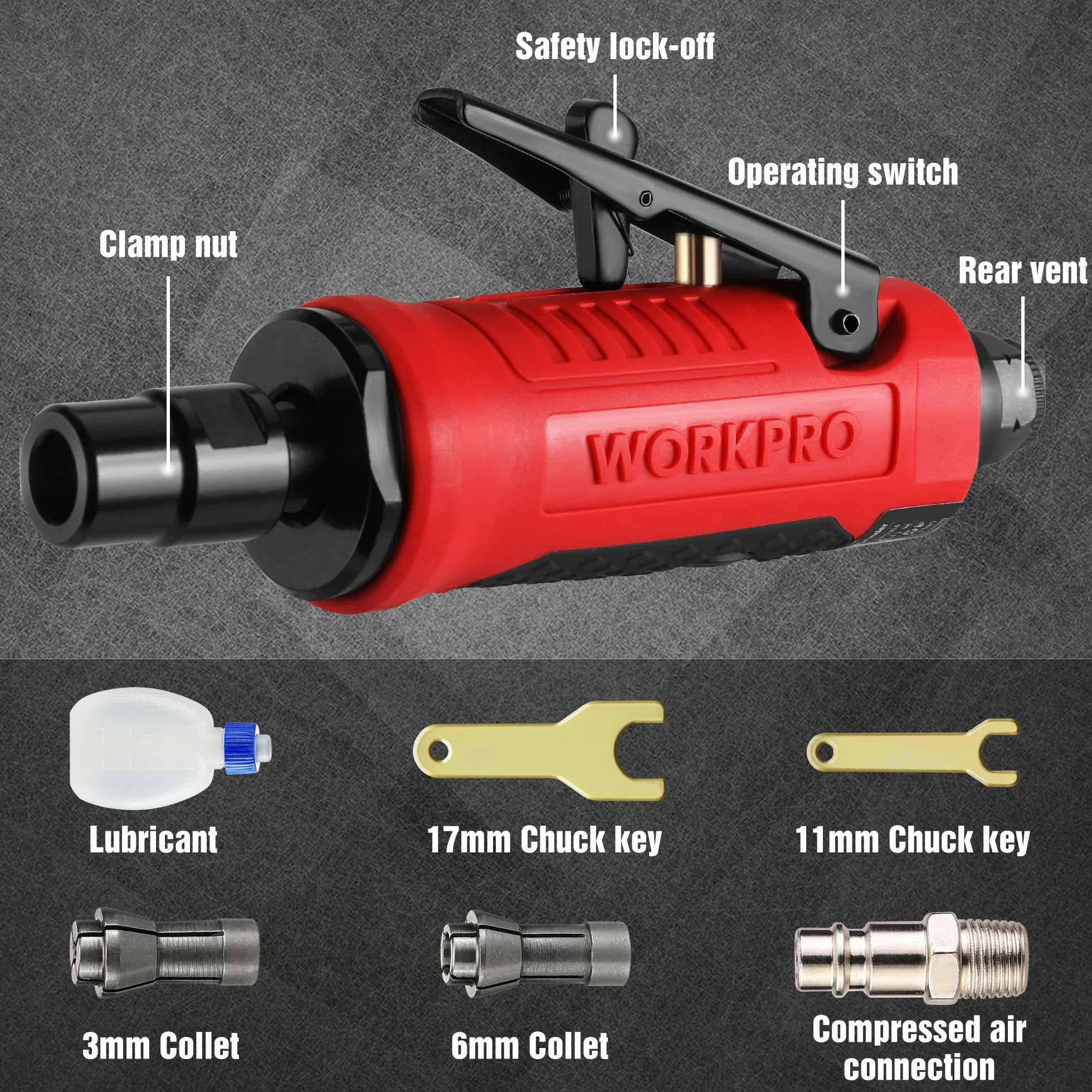 WORKPRO Szlifierka pneumatyczna prosta 1/4" (6,3 mm) 25000 obr./min narzędzie do metalu, drewna, tworzywa sztucznego