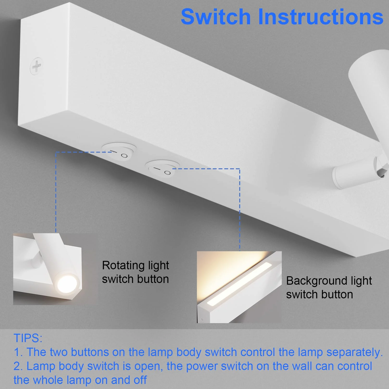 Klighten Lampa ścienna LED, 2 sztuki, 3 W + 3 W, 2-punktowa, 3000 K, z 2 przełącznikami, okrągły reflektor ścienny, obracany o 330°/regulowany o 60°, do salonu, aluminium, ciepła biel, biały